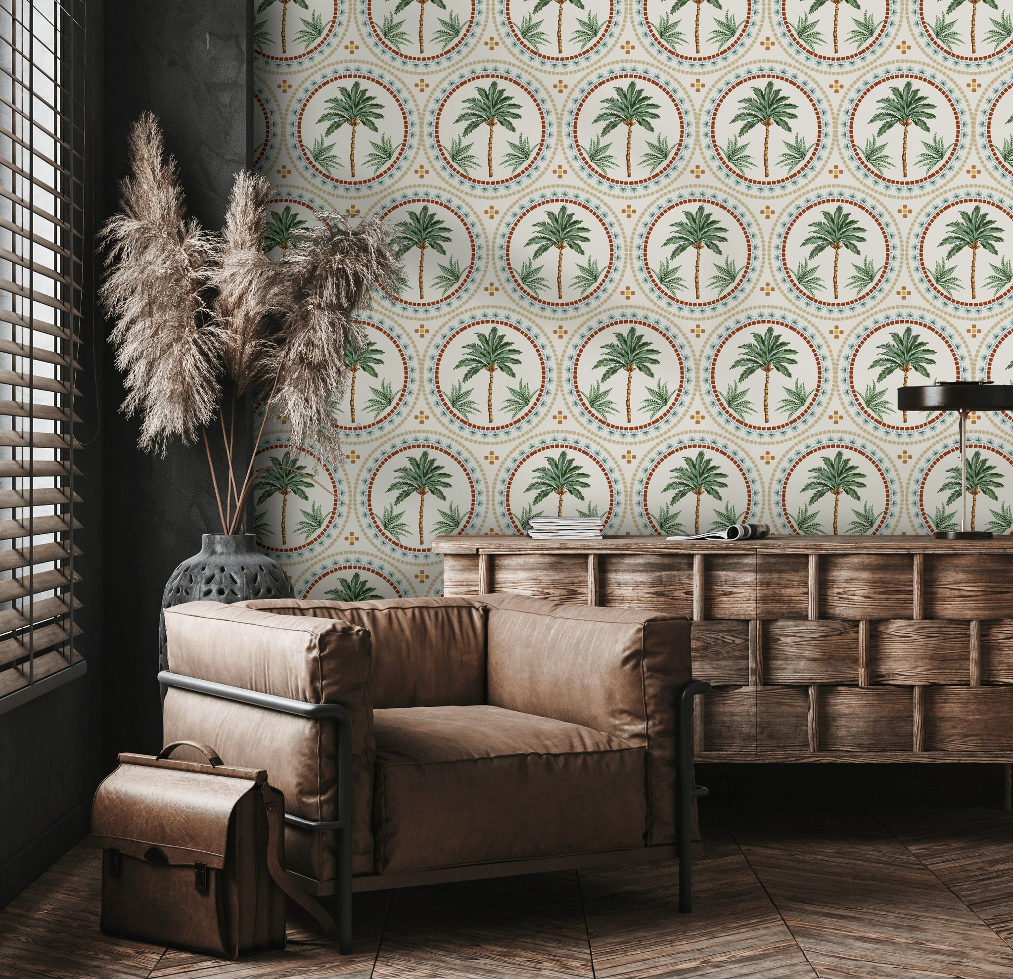 Cream and Green Mediterranean Palm Tree Wallpaper