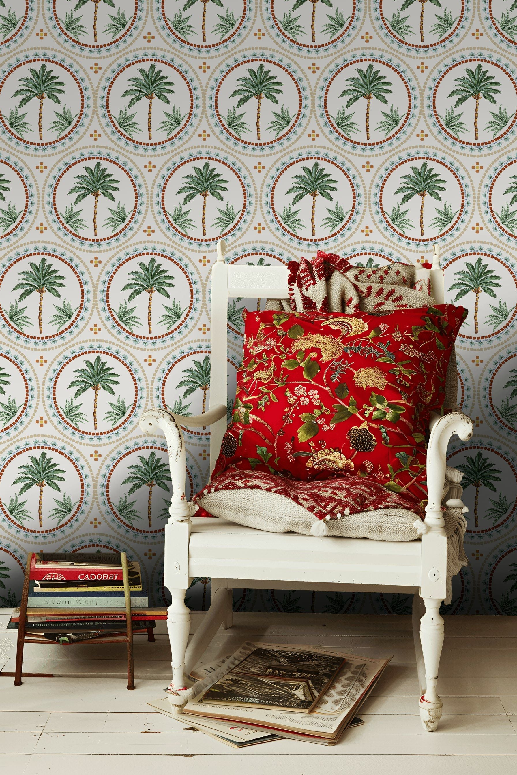Cream and Green Mediterranean Palm Tree Wallpaper