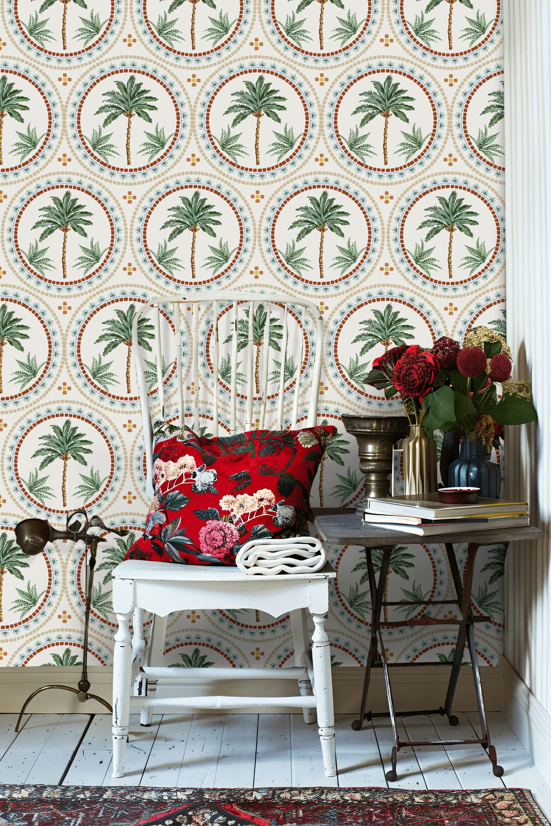 Cream and Green Mediterranean Palm Tree Wallpaper