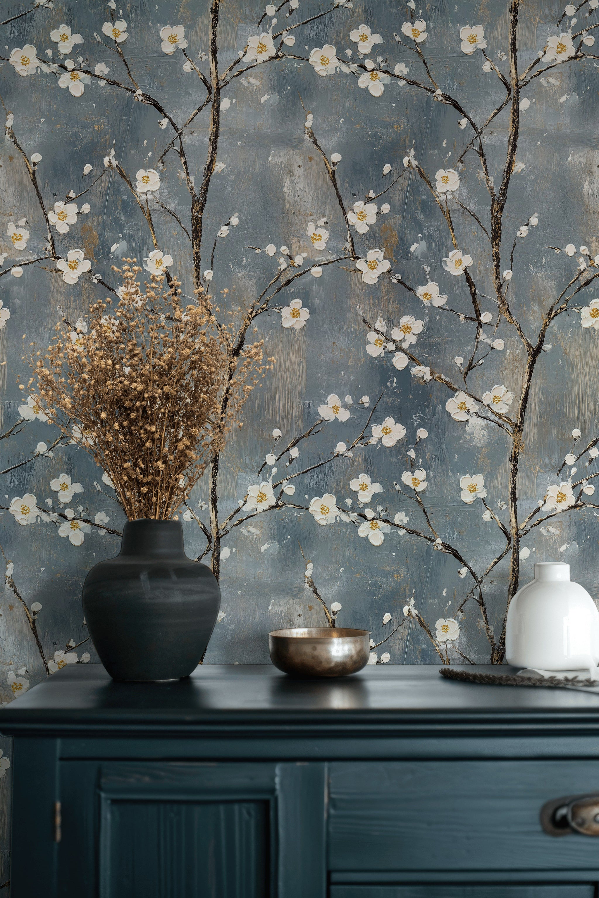 Muted Blue Cherry Blossom Floral Wallpaper