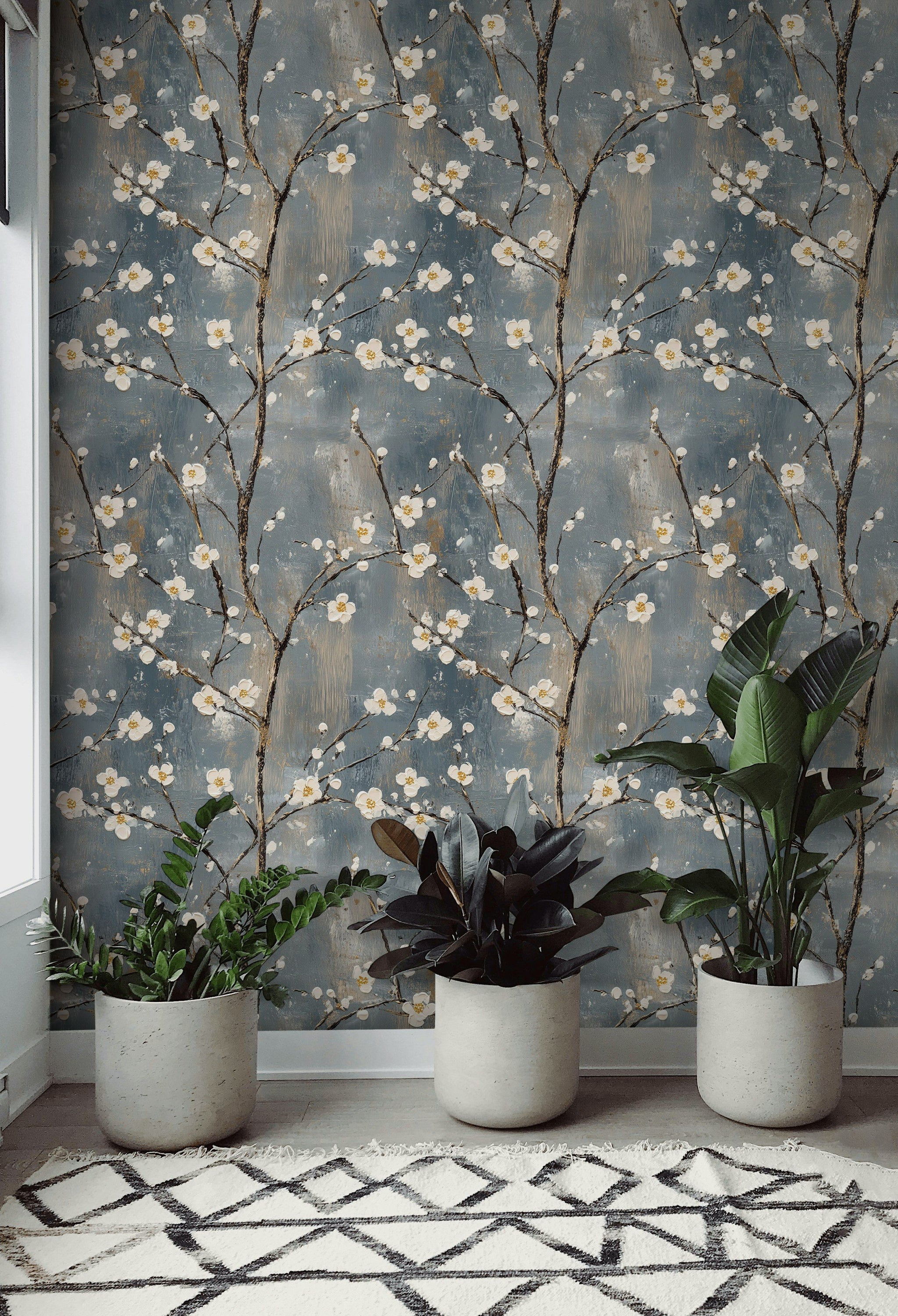 Muted Blue Cherry Blossom Floral Wallpaper