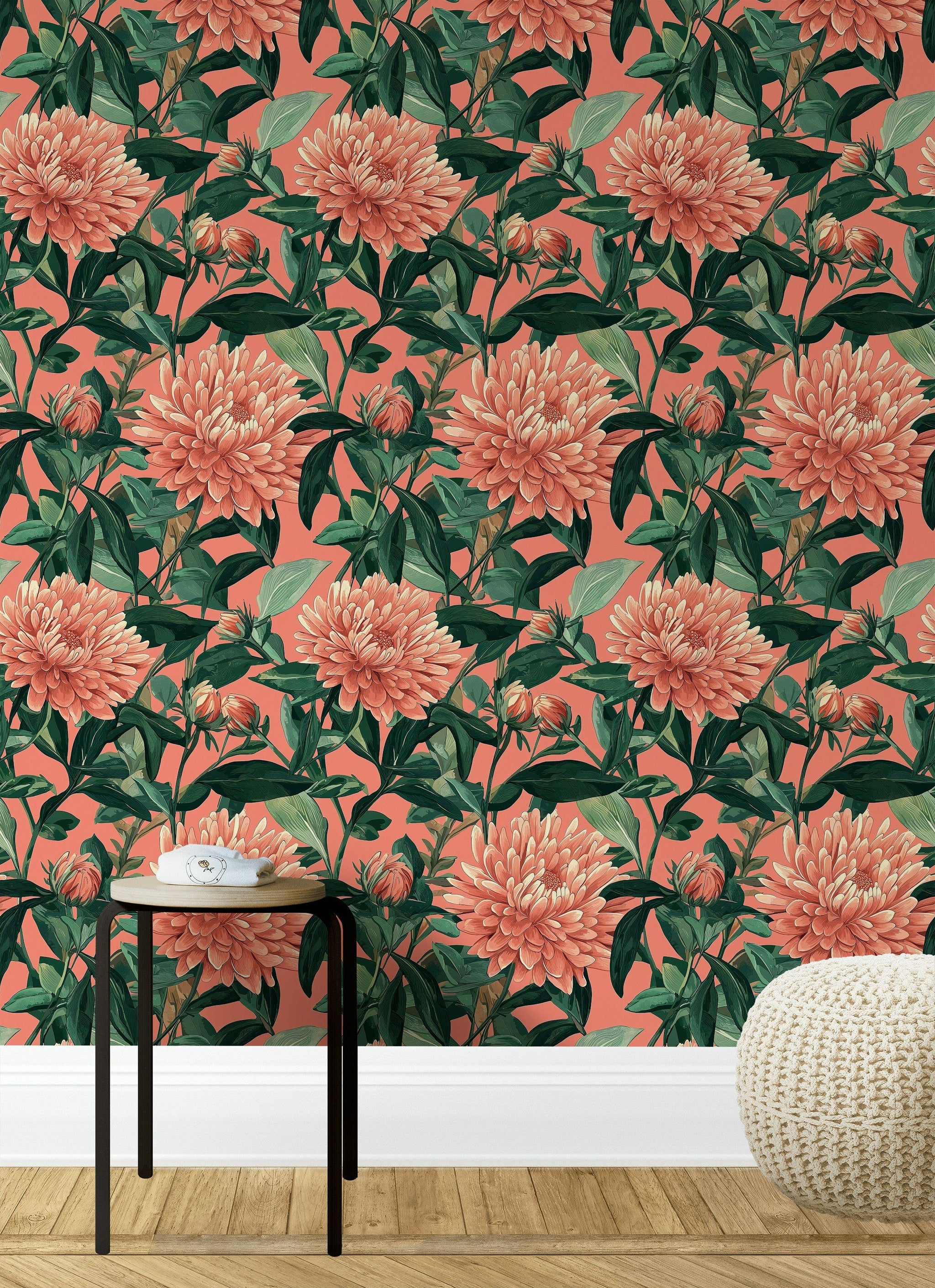 Coral Chrysanthemum Botanical Floral Wallpaper