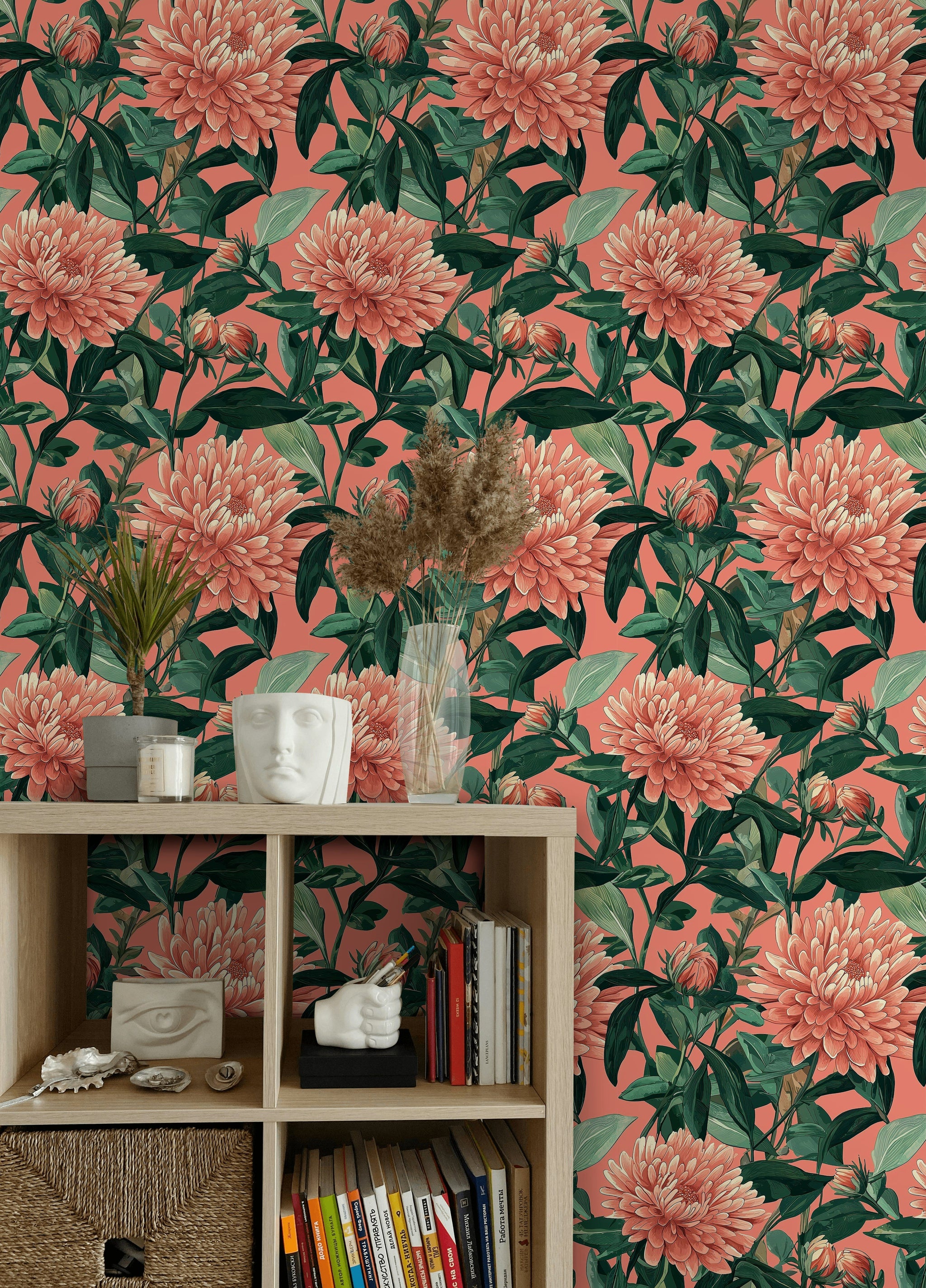Coral Chrysanthemum Botanical Floral Wallpaper