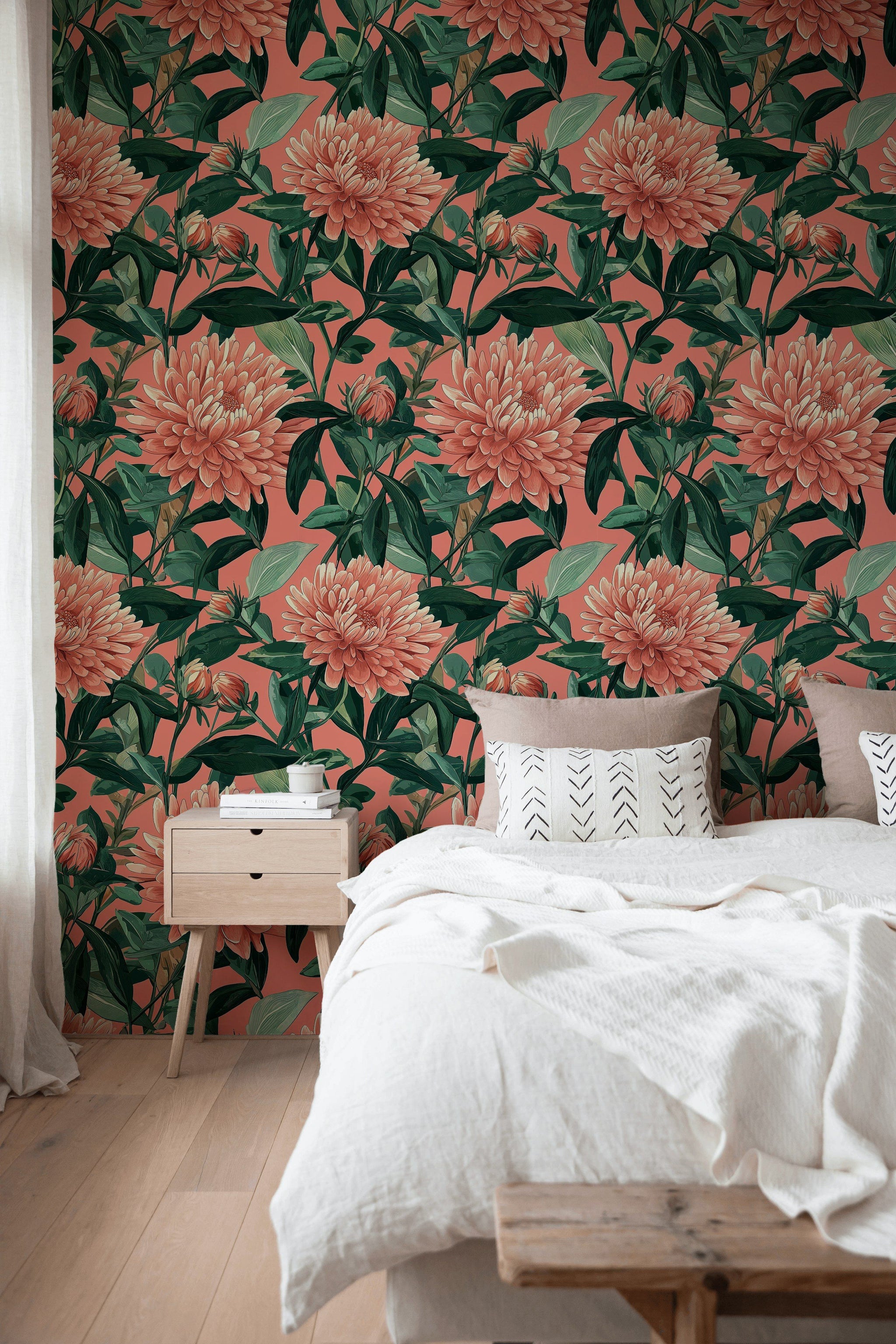 Coral Chrysanthemum Botanical Floral Wallpaper