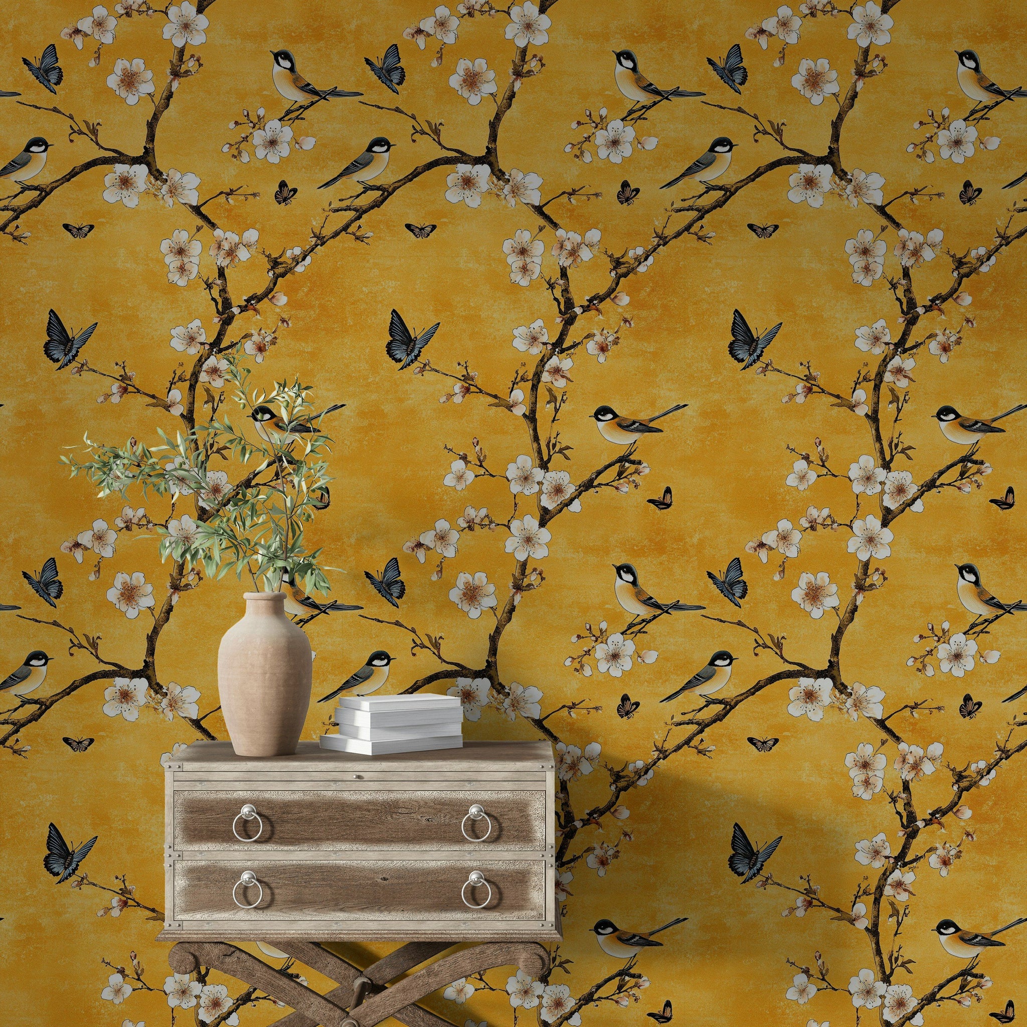 Sunny Yellow Cherry Blossom and Bird Wallpaper