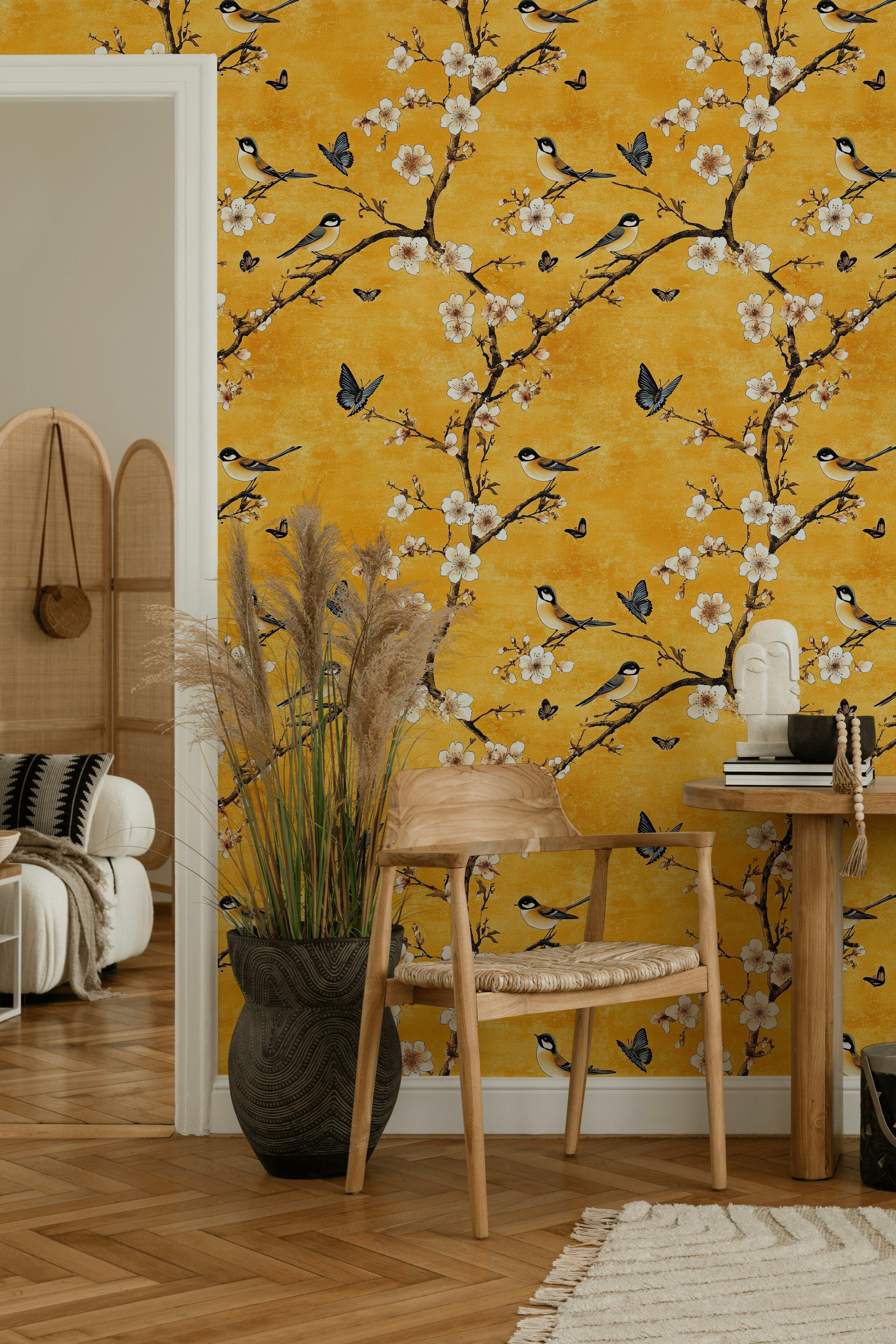 Sunny Yellow Cherry Blossom and Bird Wallpaper