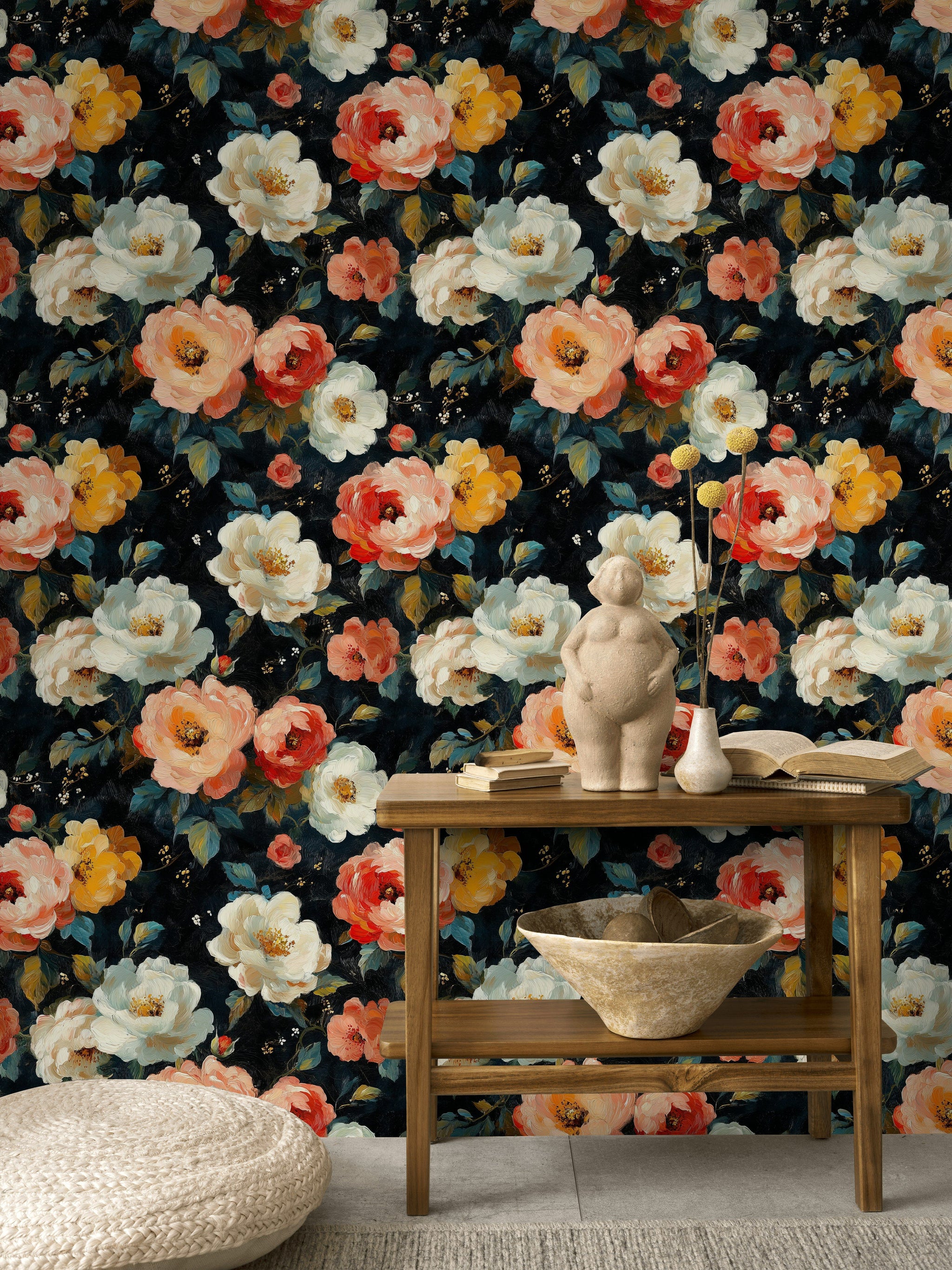 Dark Multicolor Romantic Rose Floral Wallpaper