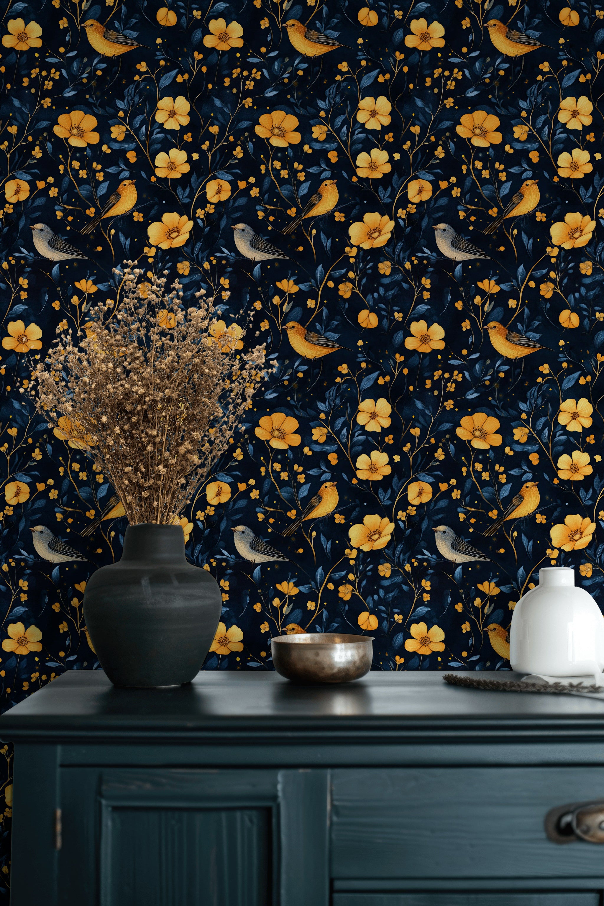 Midnight Black Songbird Floral Wallpaper