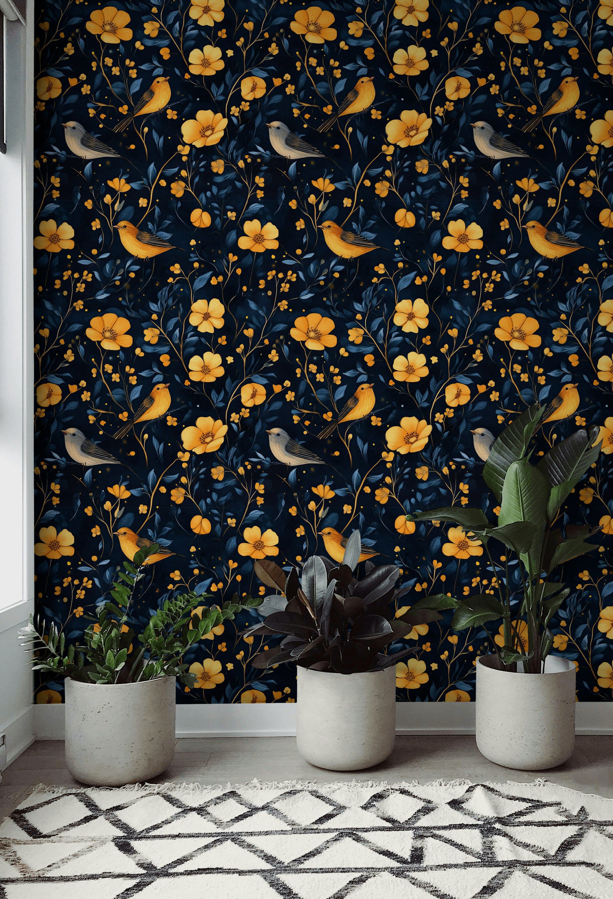 Midnight Black Songbird Floral Wallpaper