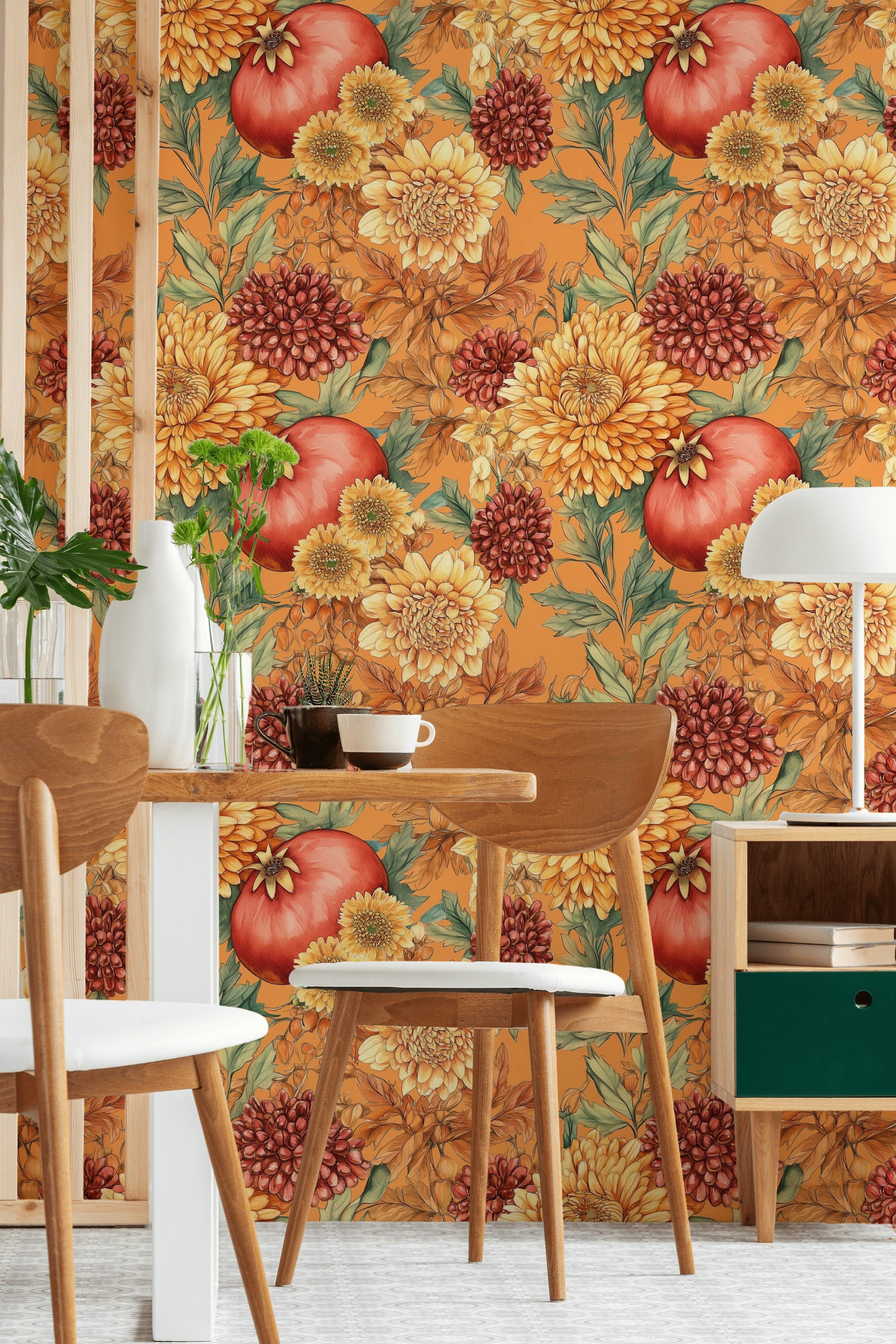 Vibrant Orange Vintage Floral Wallpaper