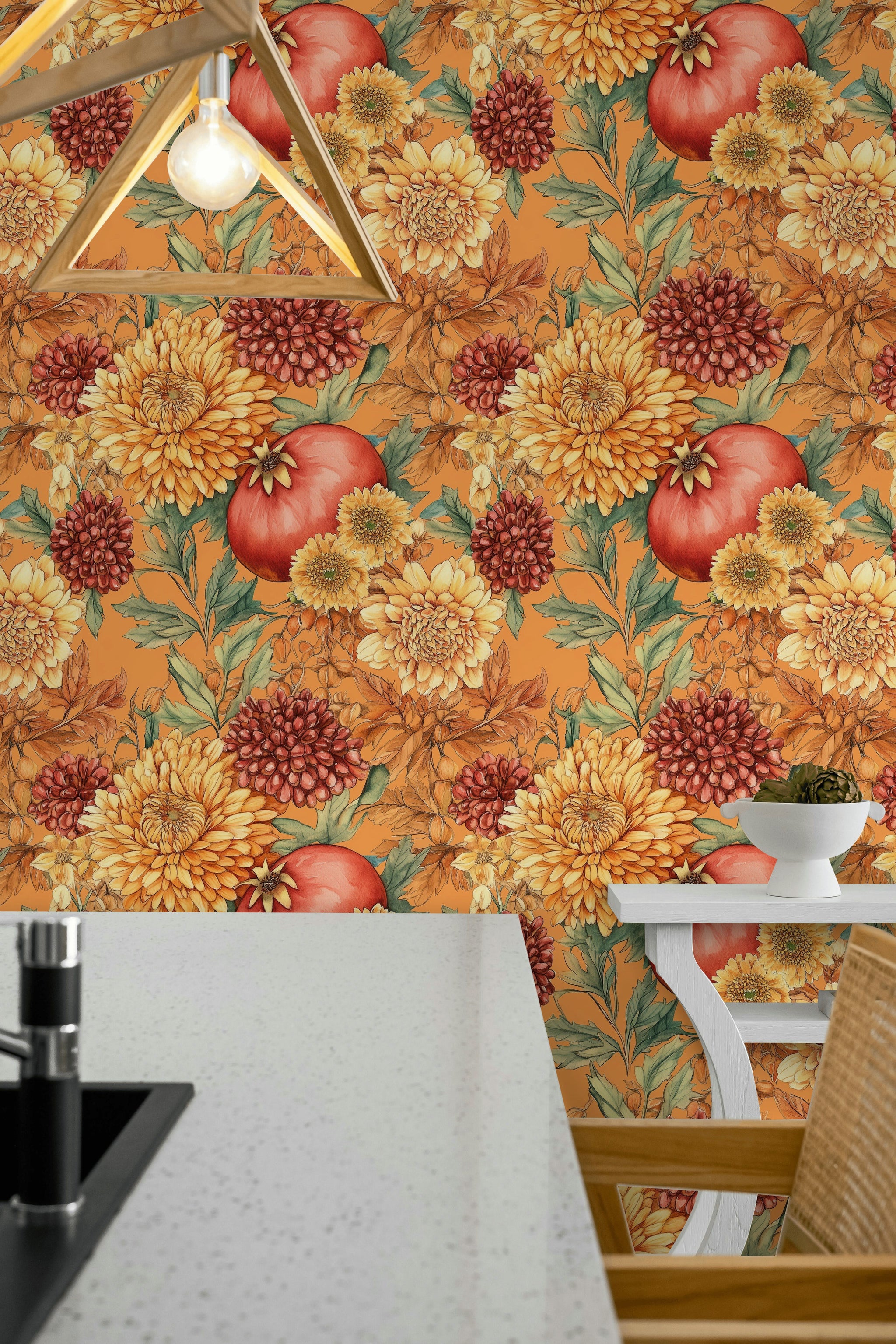 Vibrant Orange Vintage Floral Wallpaper