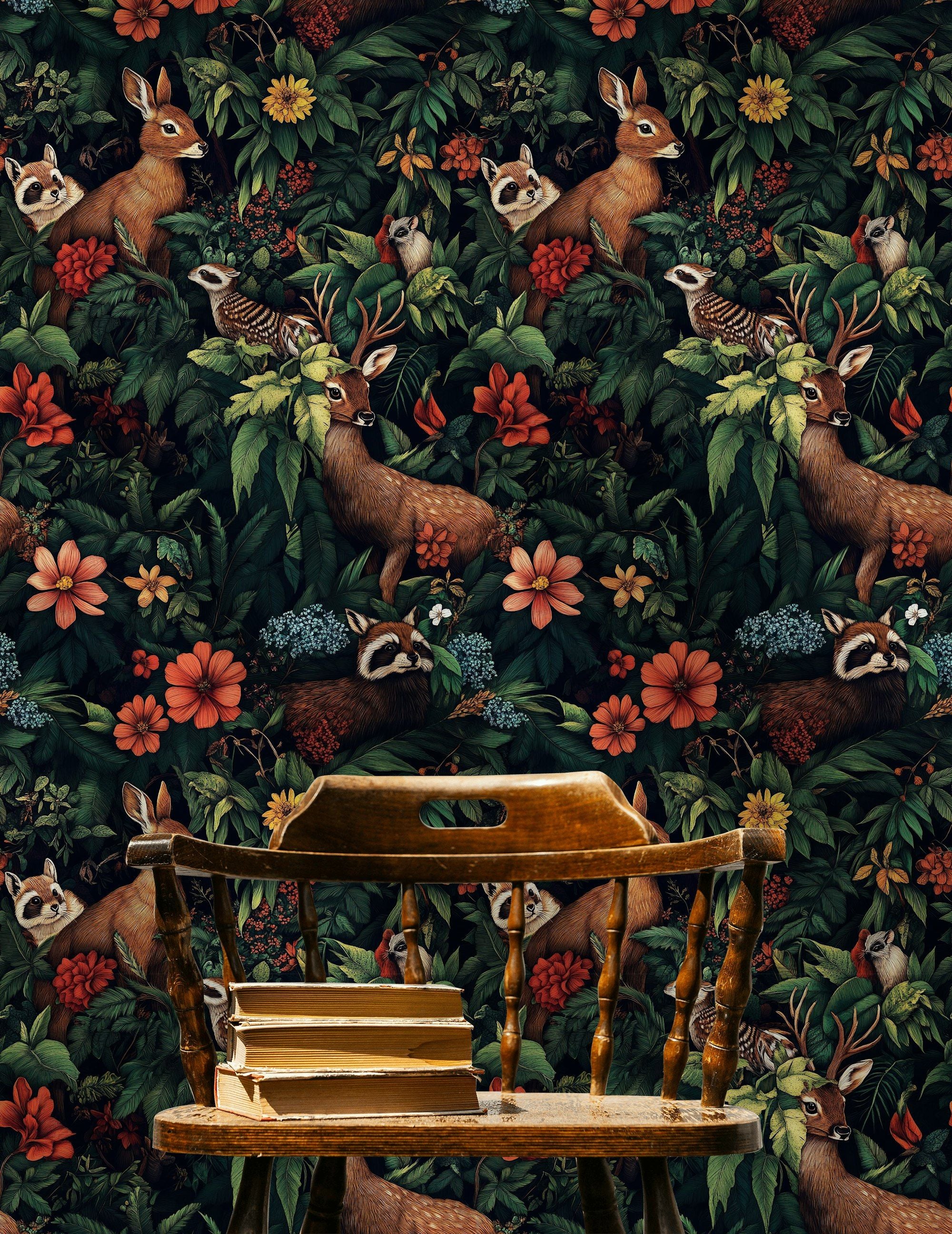 Dark Jungle Animal and Floral Wallpaper