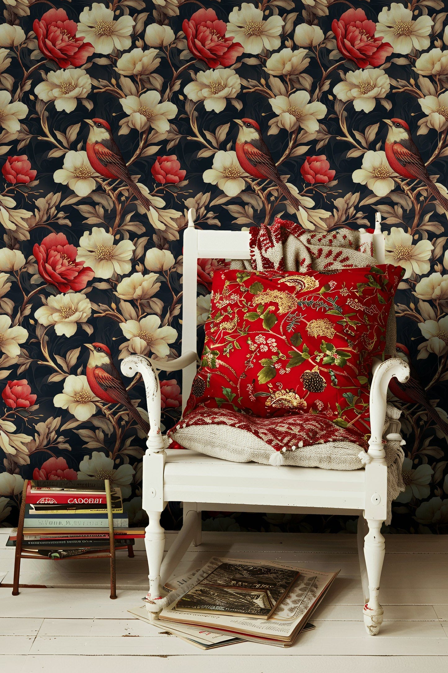 Dramatic Floral Bird Wallpaper Red Cream Wall Mural