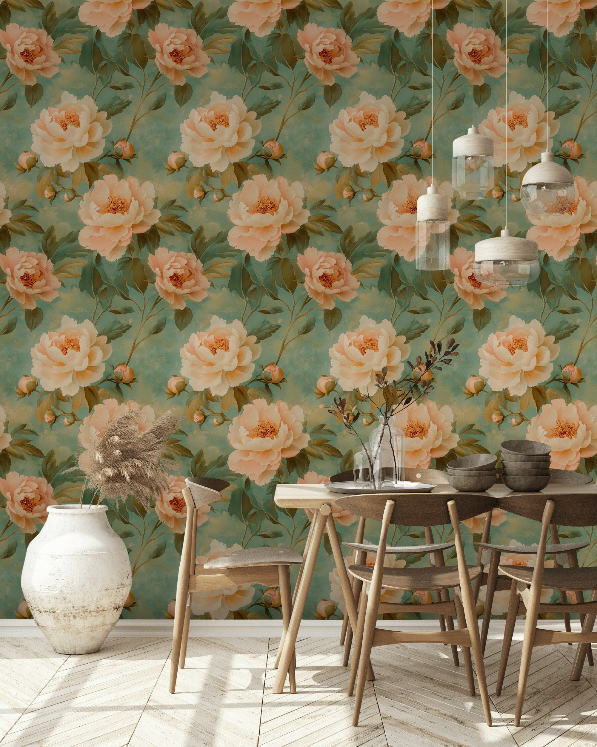 Peach and Green Peony Floral Wallpaper