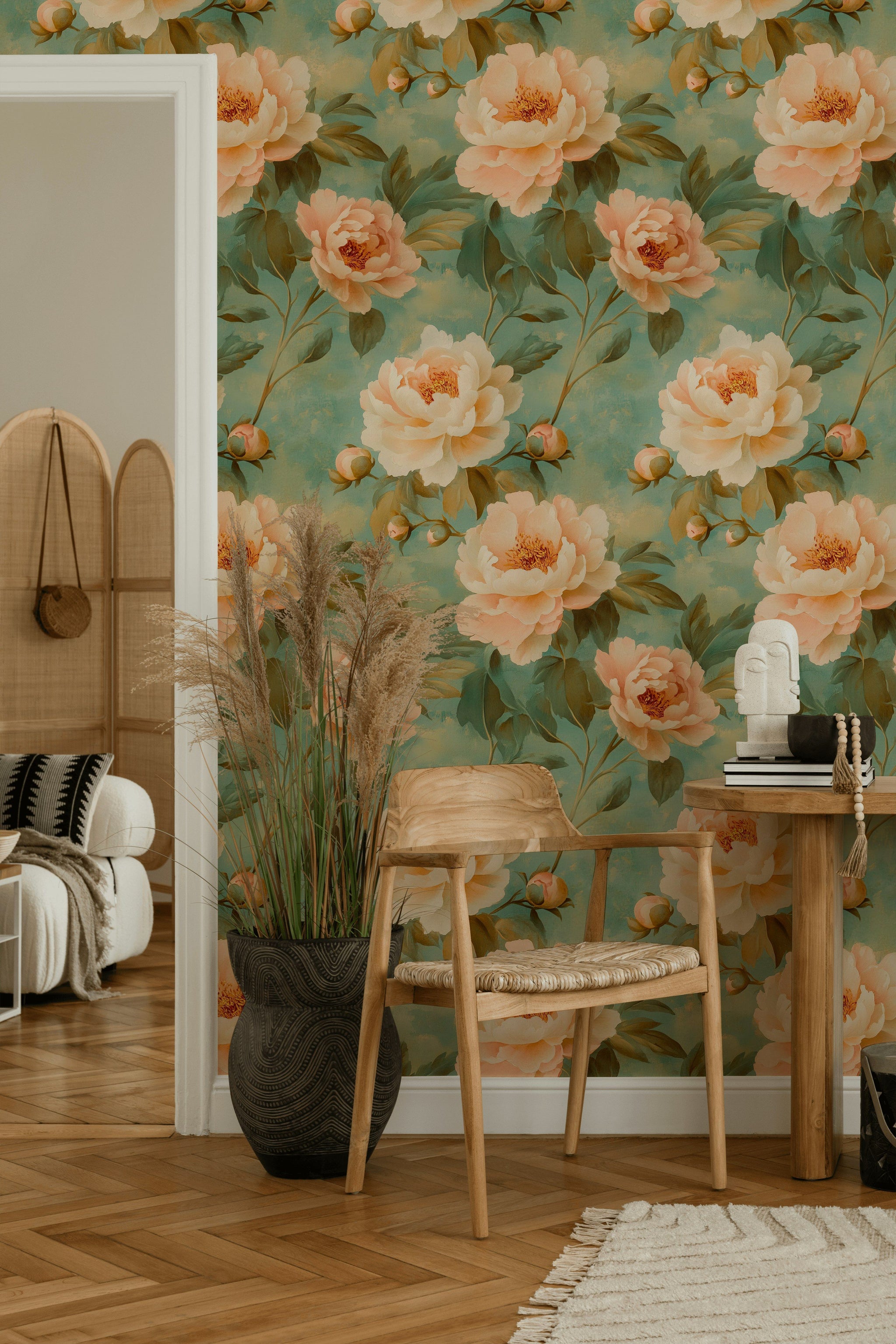 Peach and Green Peony Floral Wallpaper