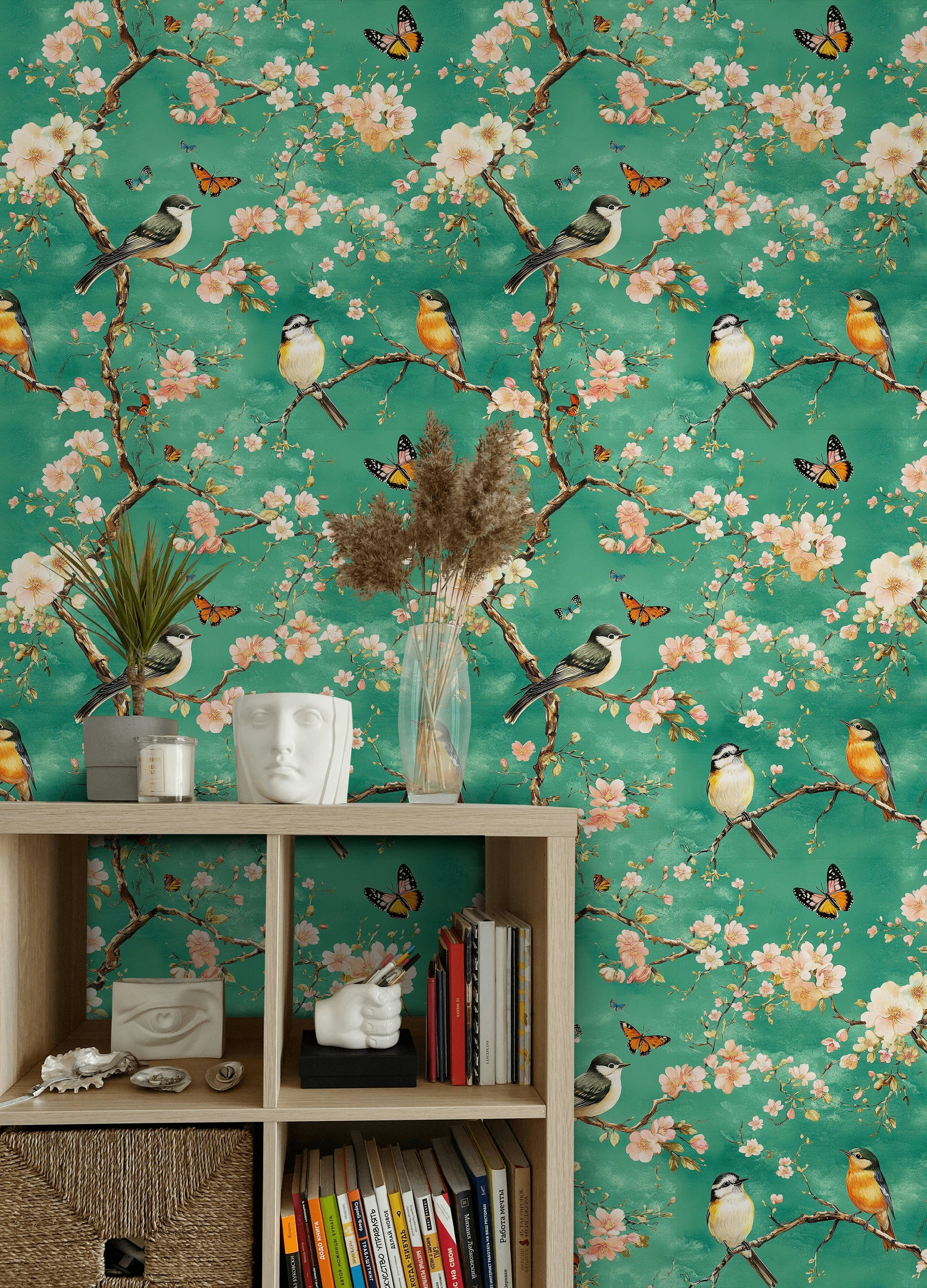 Vibrant Teal Cherry Blossom and Songbird Wallpaper