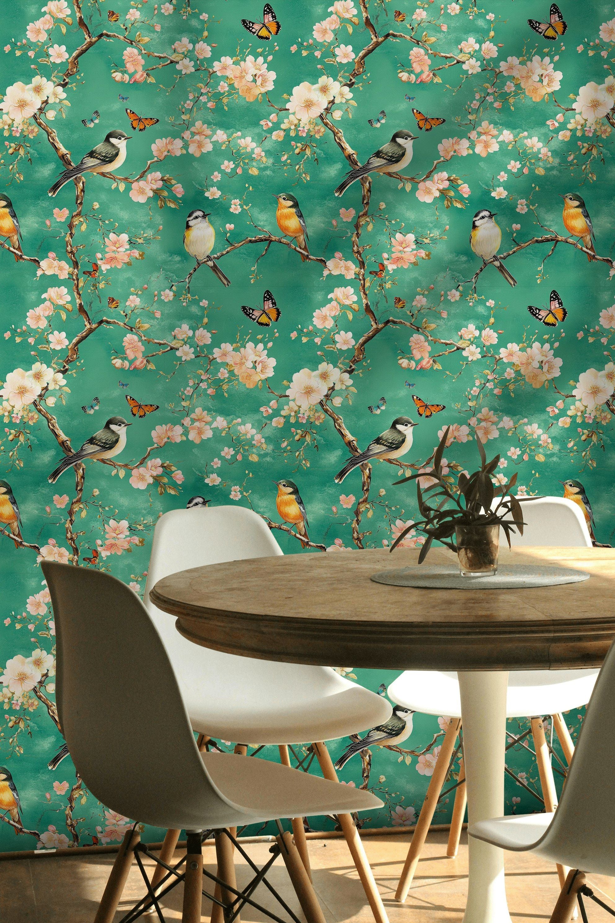 Vibrant Teal Cherry Blossom and Songbird Wallpaper