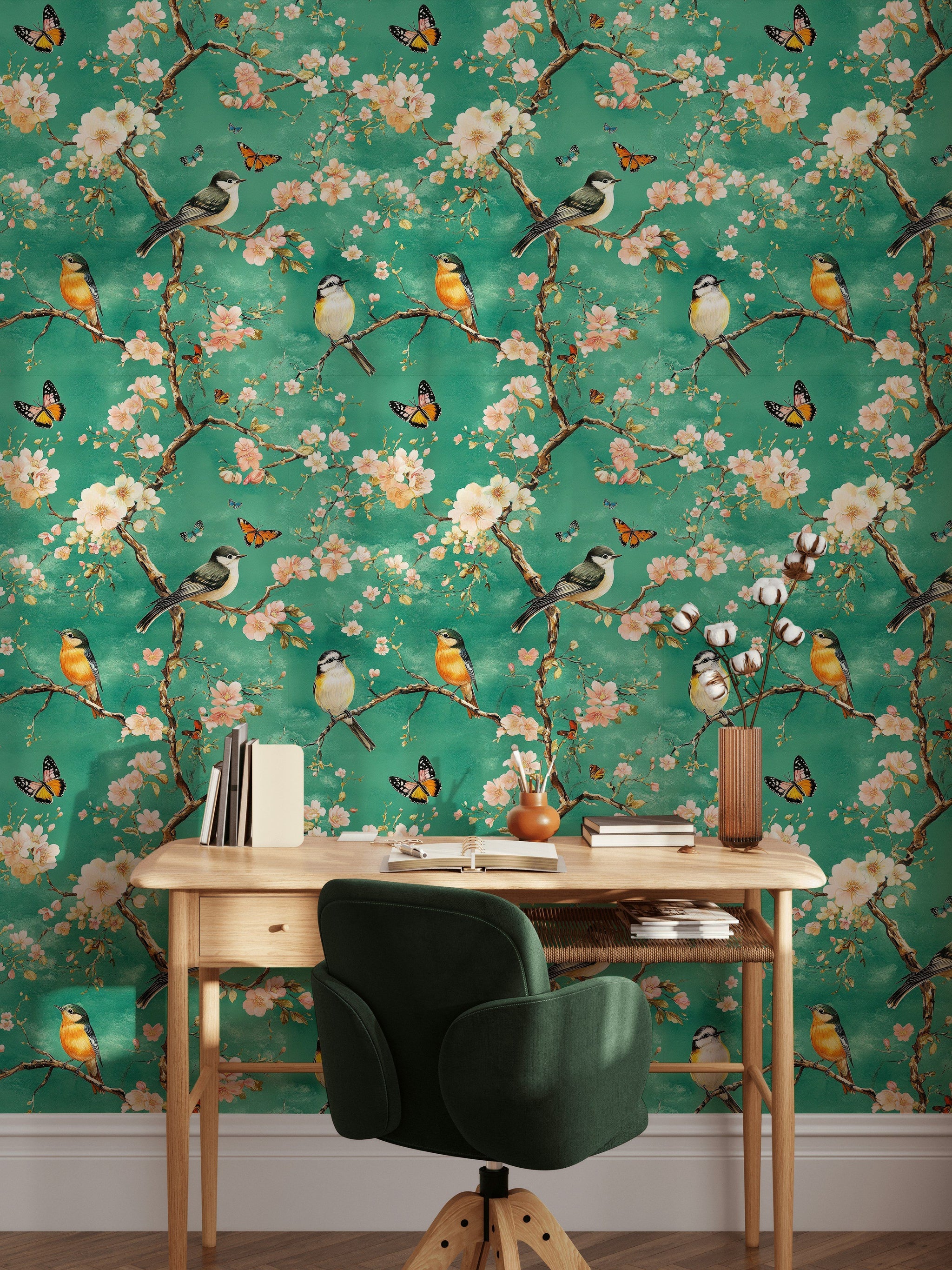 Vibrant Teal Cherry Blossom and Songbird Wallpaper