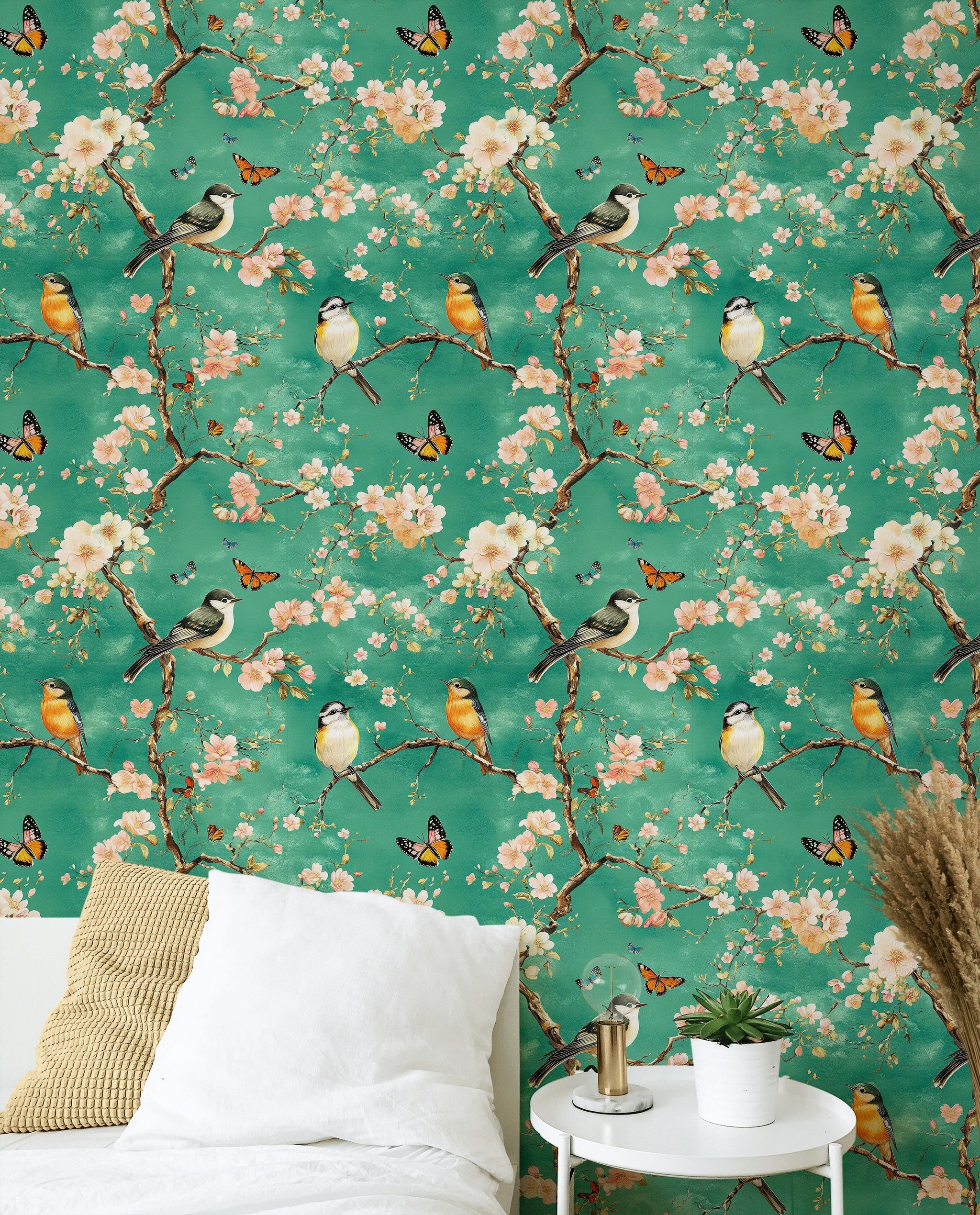 Vibrant Teal Cherry Blossom and Songbird Wallpaper