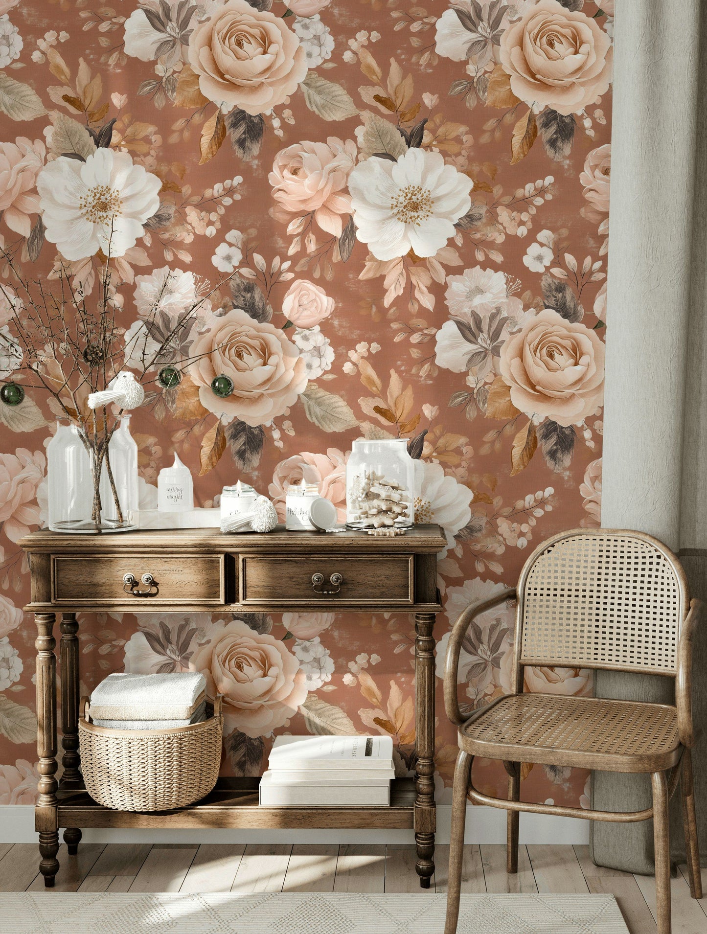 Terracotta Floral Wallpaper Blush Rose Wall Mural