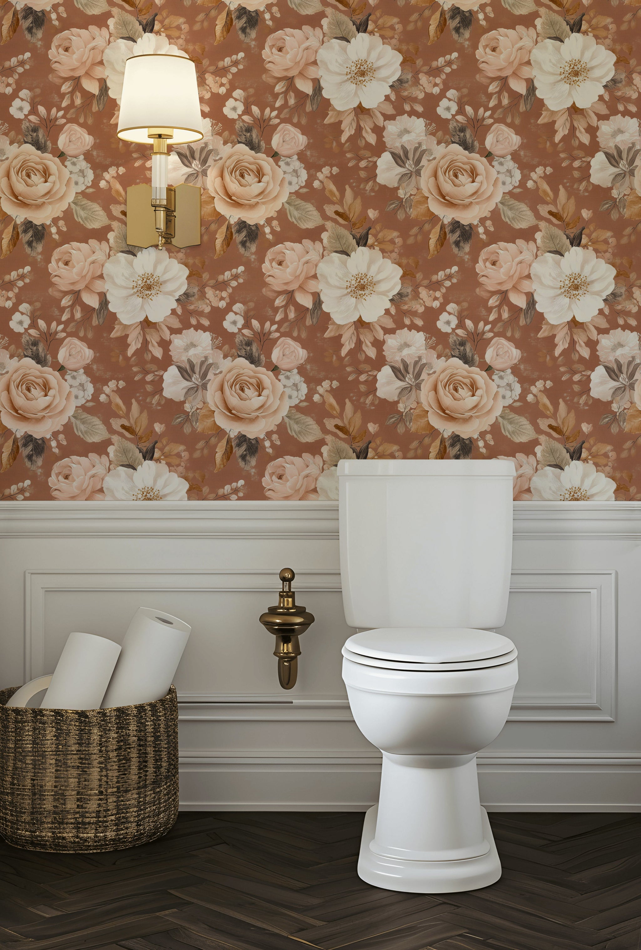 Terracotta and Cream Rose Floral Wallpaper