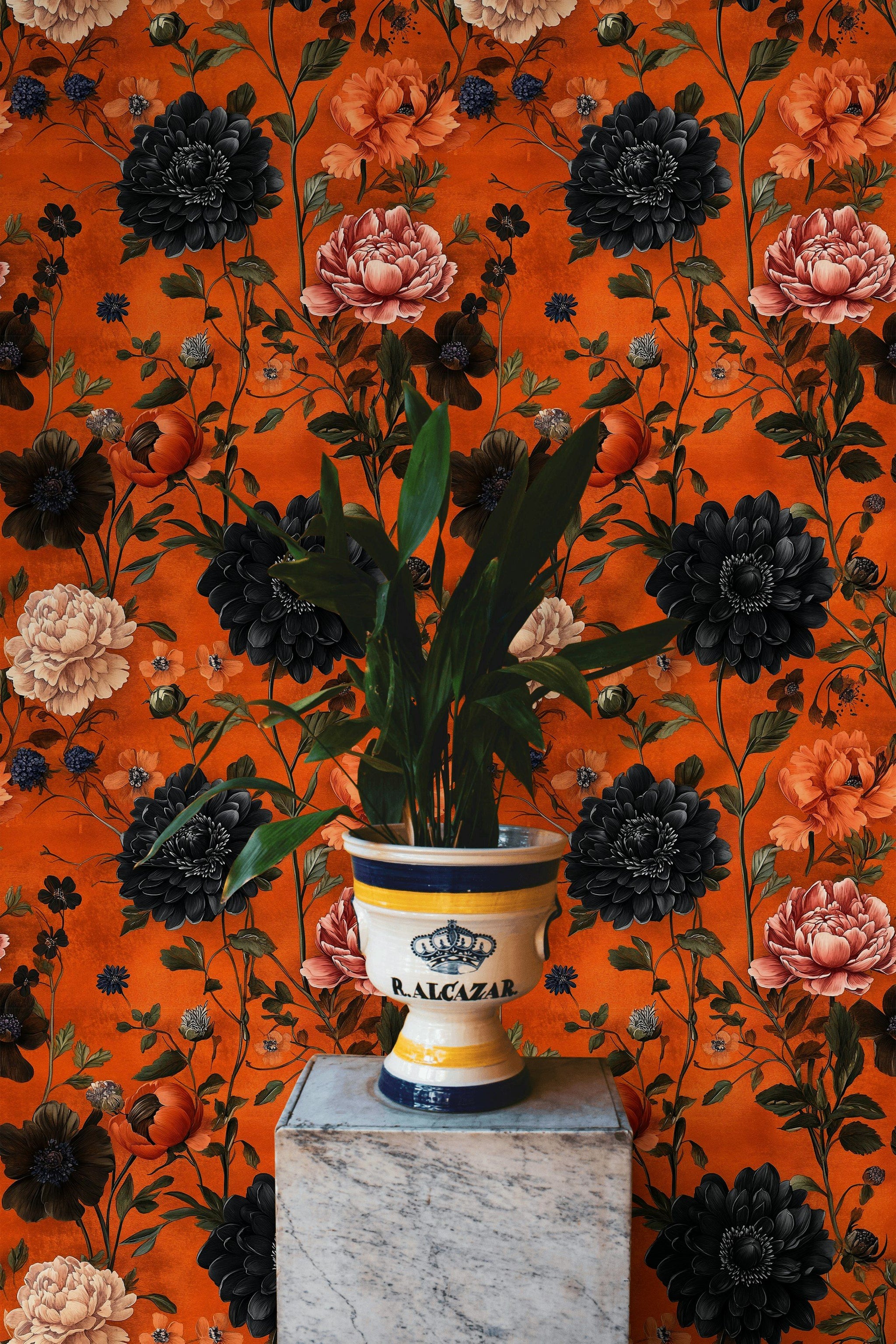 Vibrant Orange and Black Large Floral Wallpaper