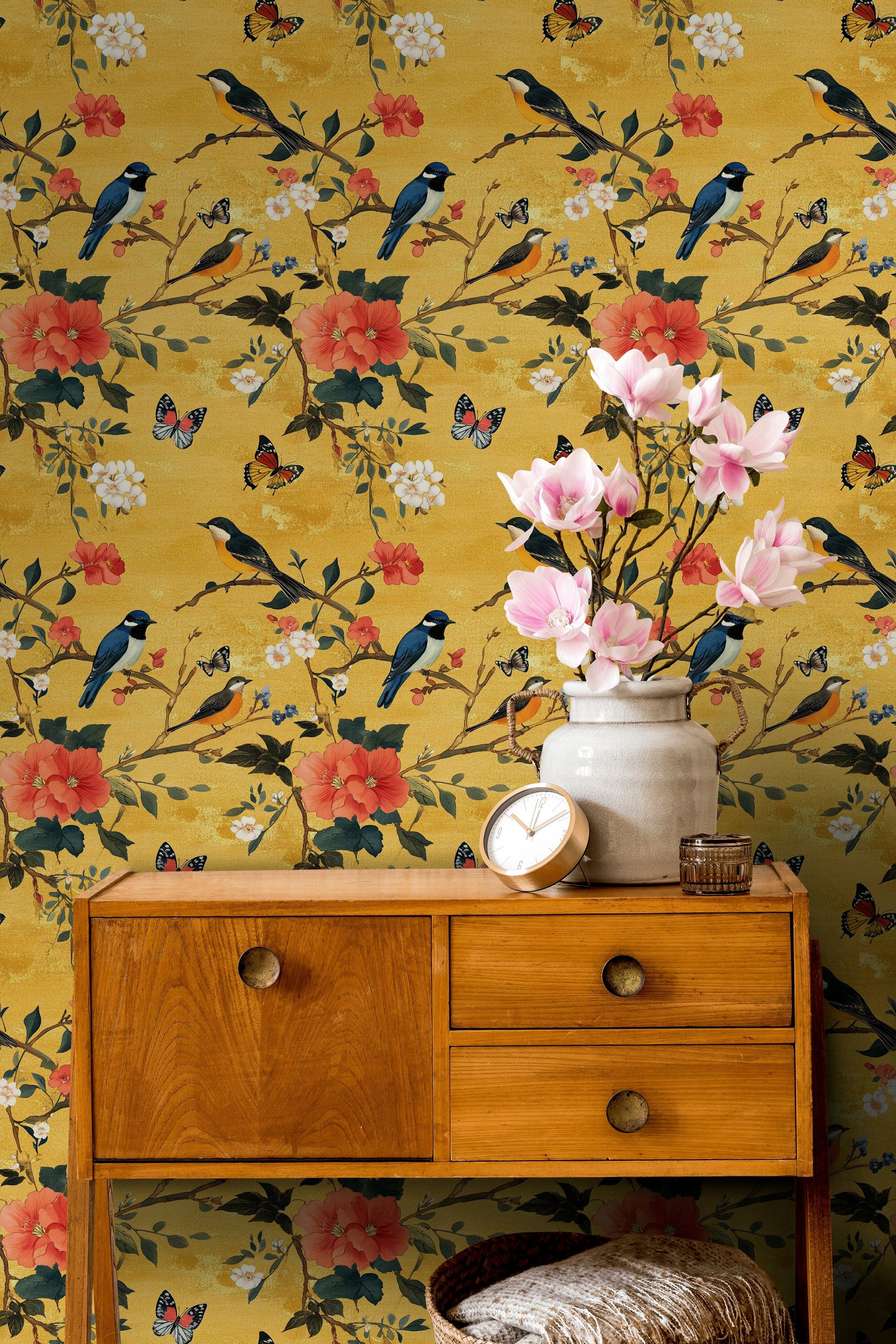 Bright Yellow Bird and Floral Pattern Wallpaper