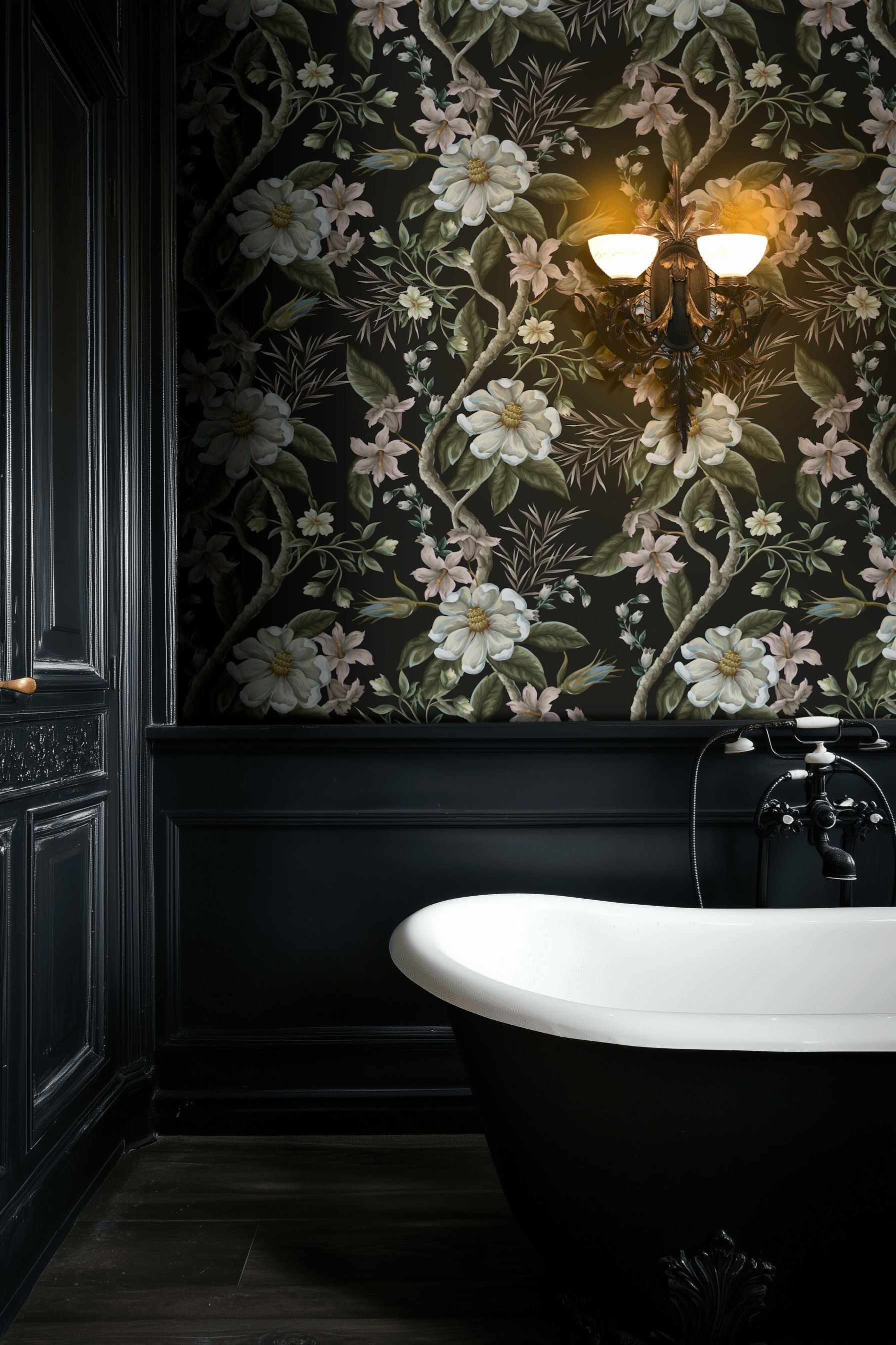 Black Magnolia Vintage Floral Wallpaper