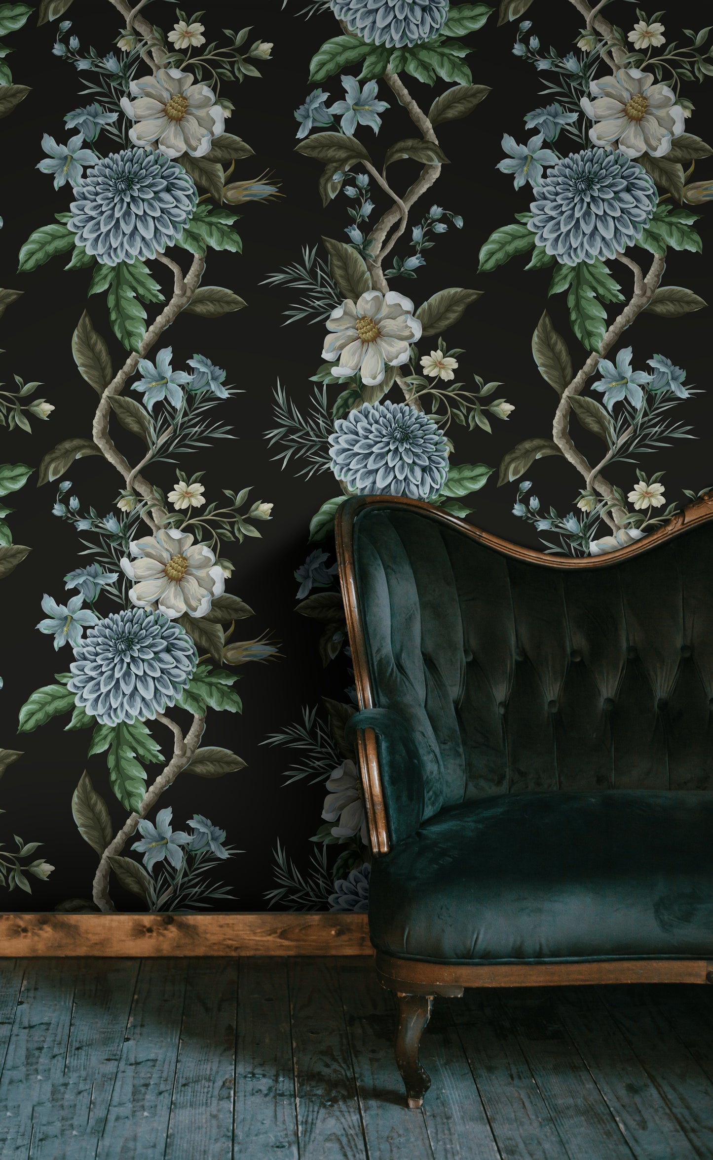 Blue Dahlia Wallpaper Dark Botanical Wall Mural