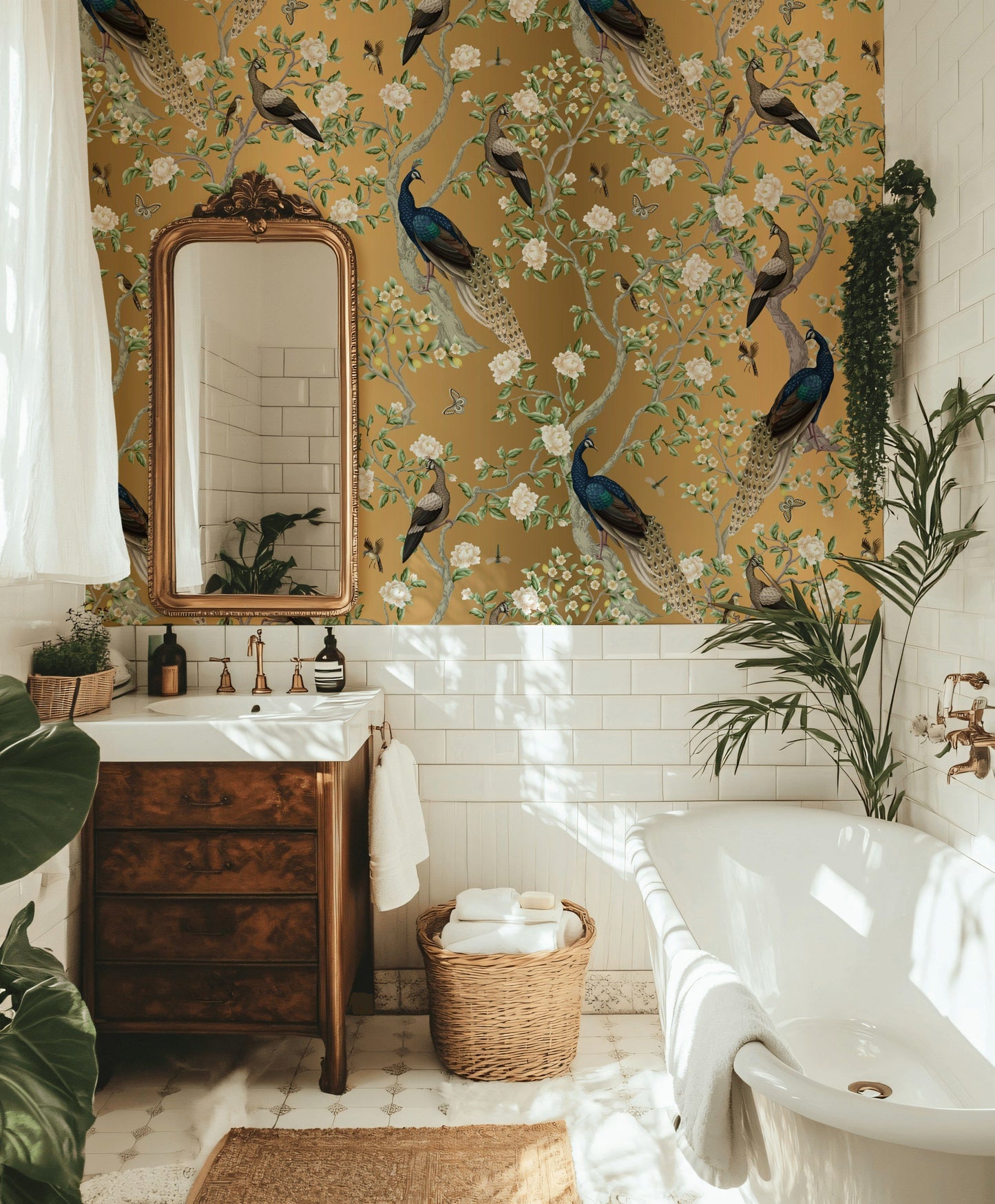 Peacock Chinoiserie Wallpaper Gold Look Floral Wall Mural