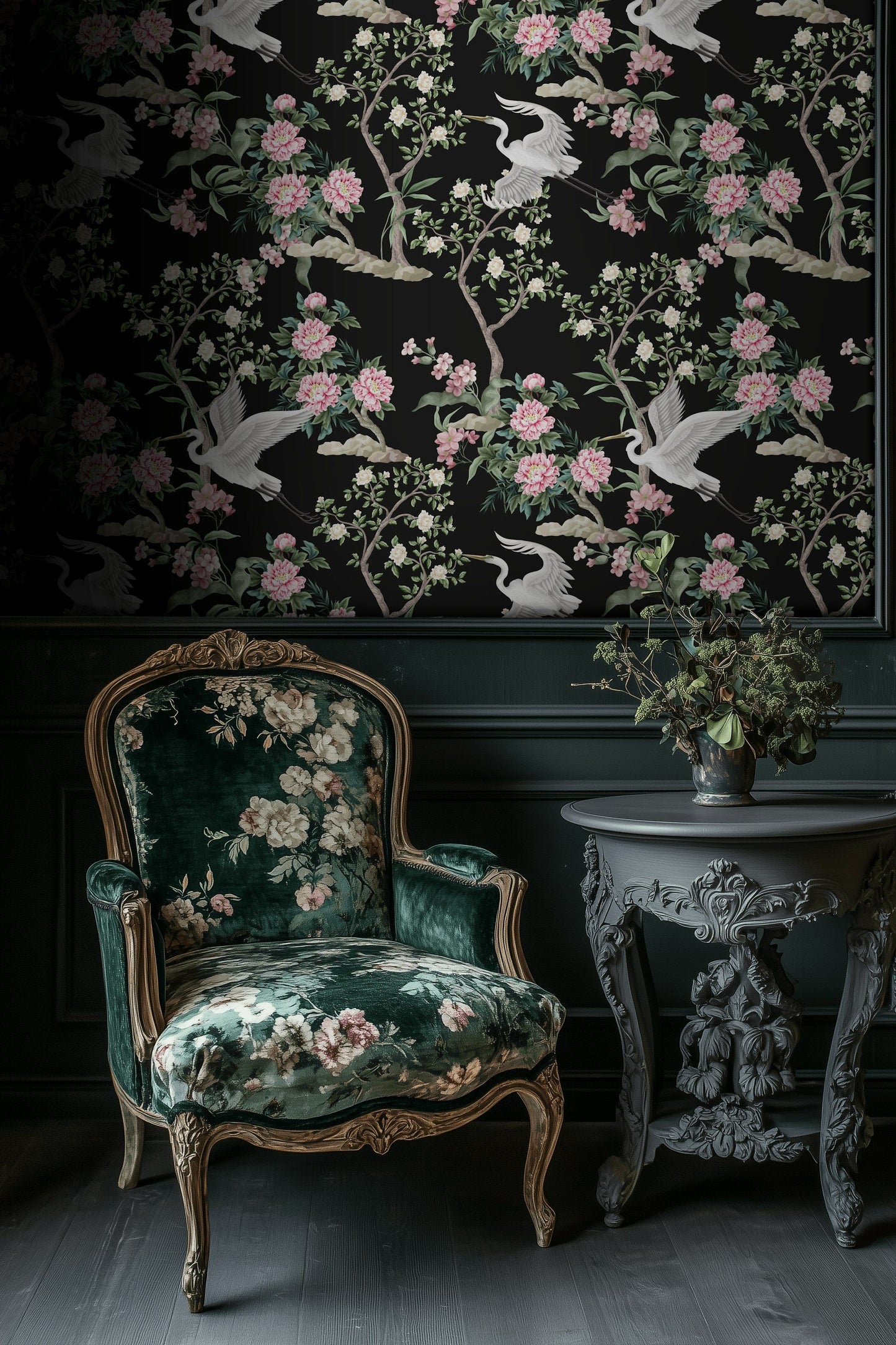 Oriental Crane Wallpaper Black and Pink Floral Wall Mural