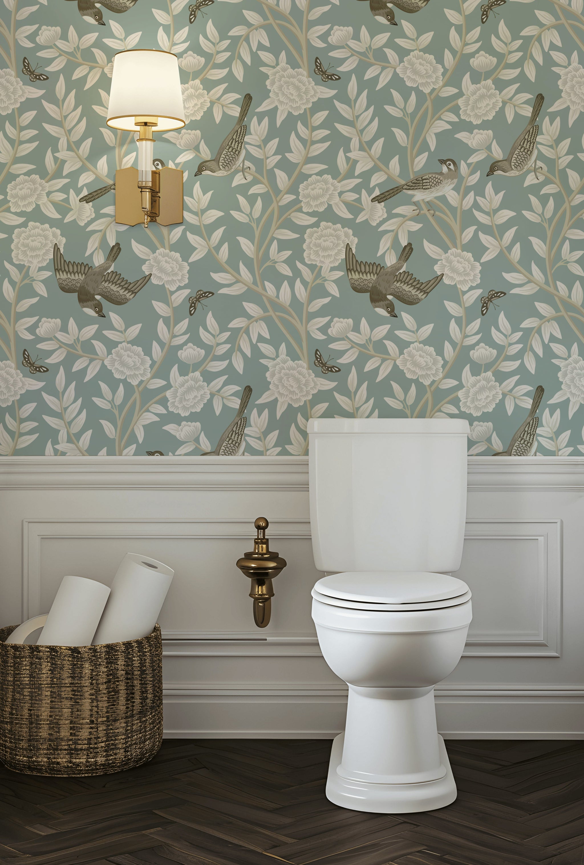 Sage Green Bird and Floral Pattern Wallpaper