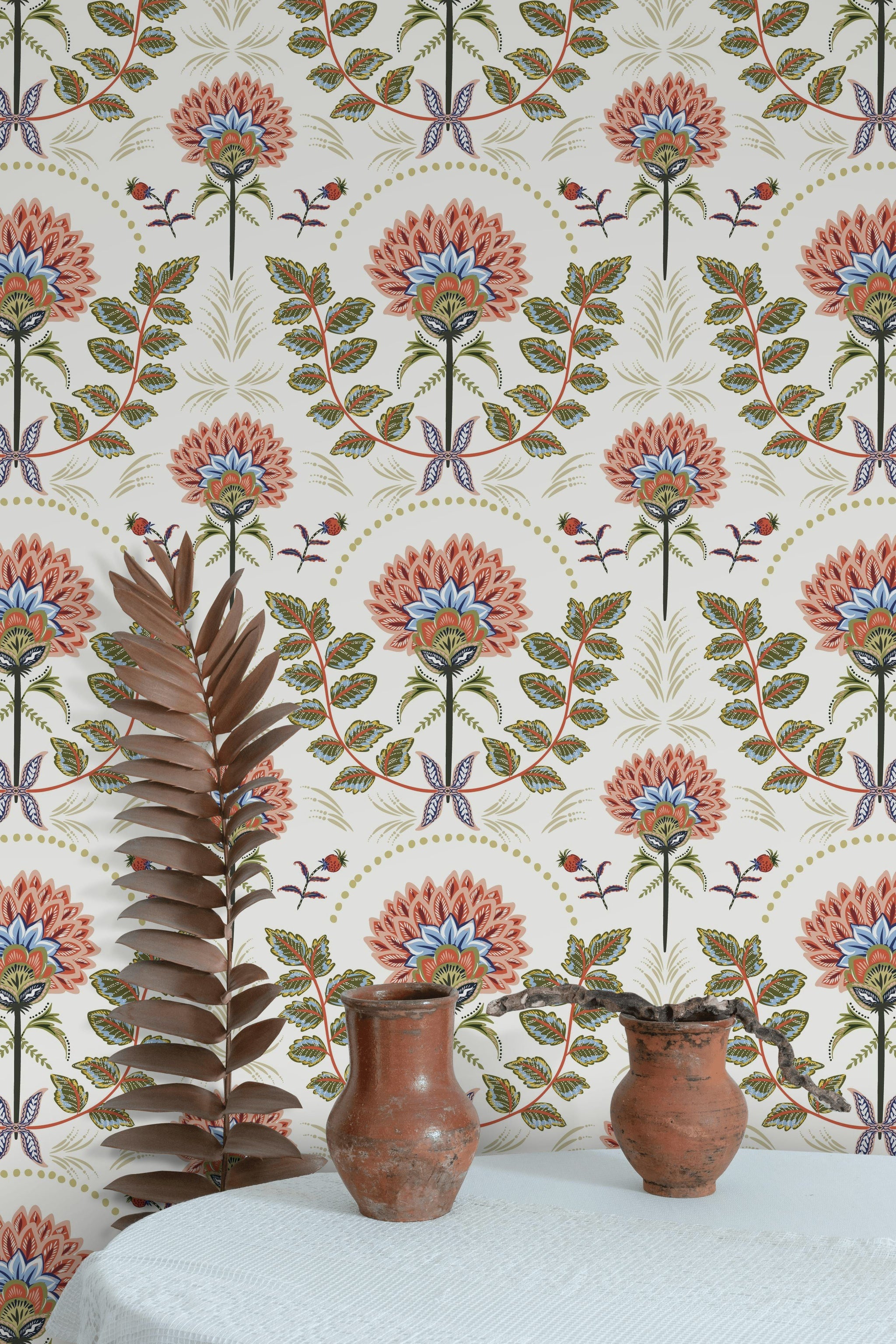 White and Multicolor Large Floral Pattern Wallpaper