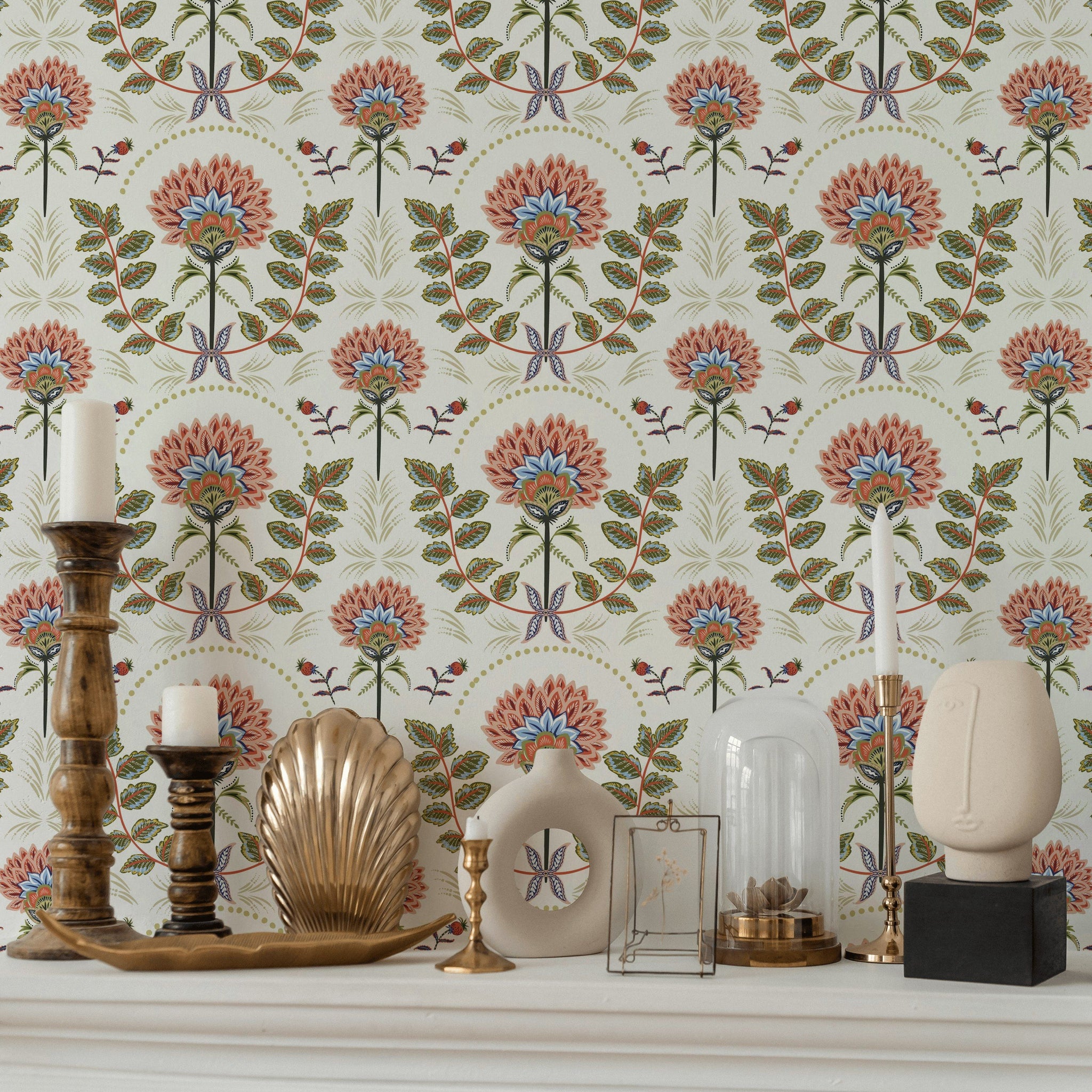 White and Multicolor Large Floral Pattern Wallpaper