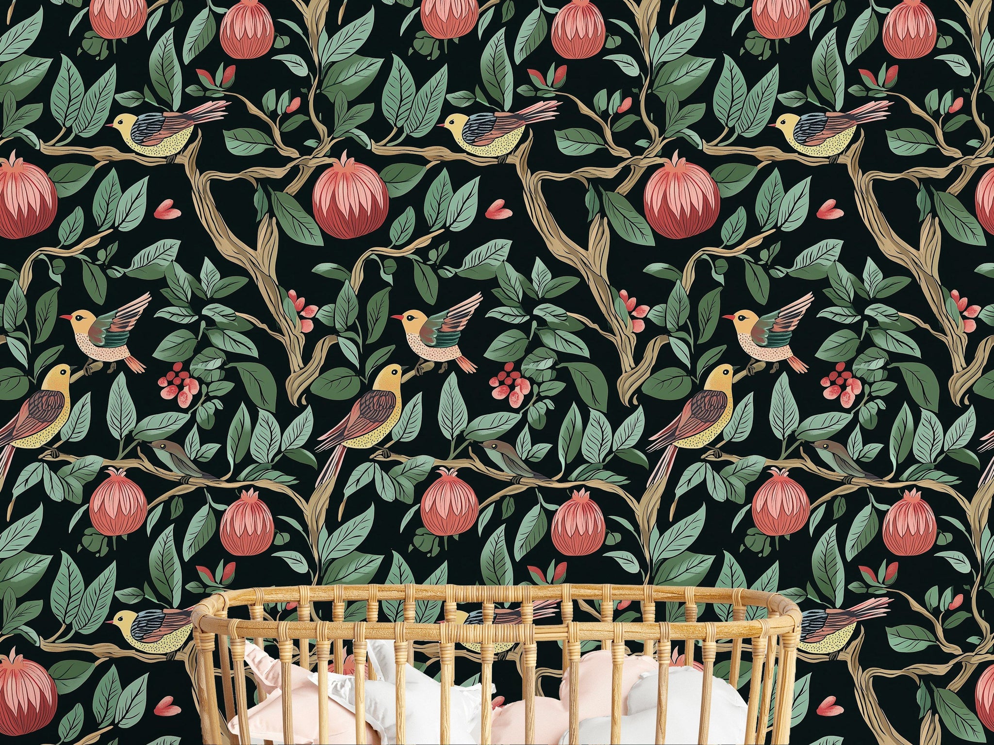 Dark Botanical Birds and Foliage Wallpaper