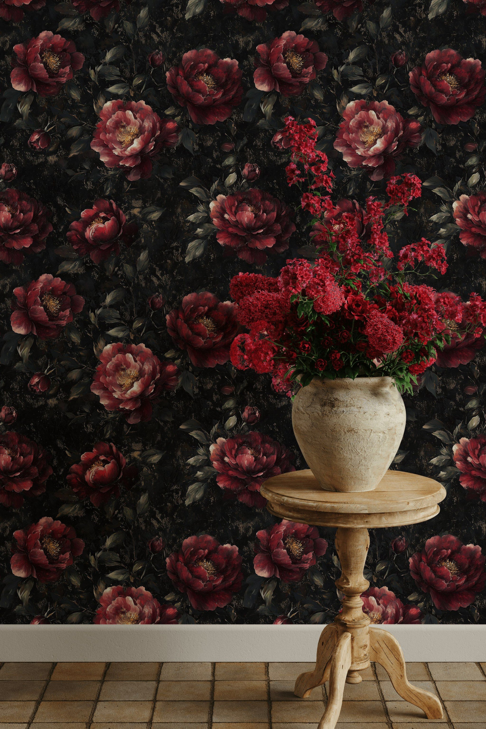 Gothic Crimson Rose Floral Wallpaper