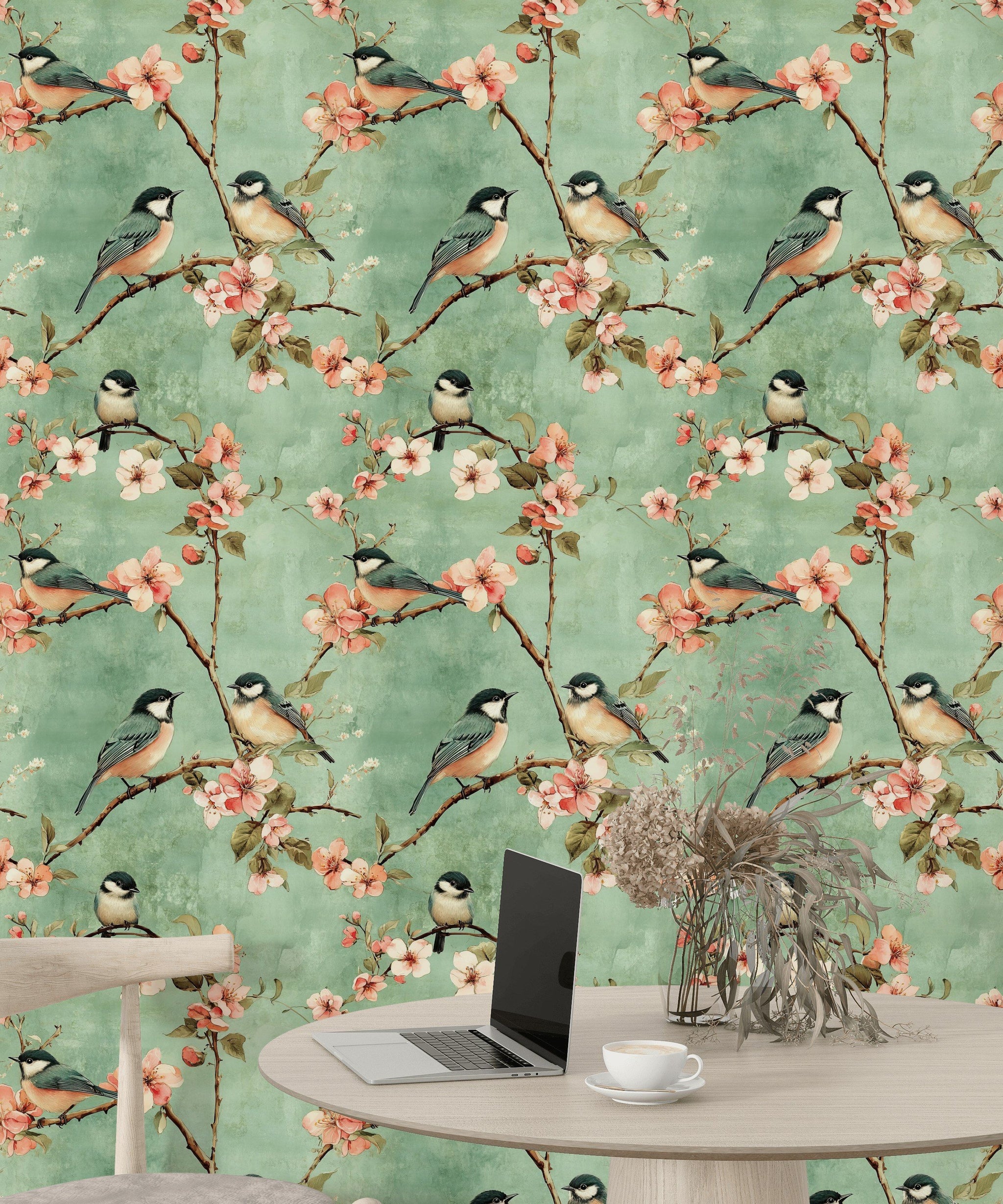 Mint Green Cherry Blossom and Bird Wallpaper
