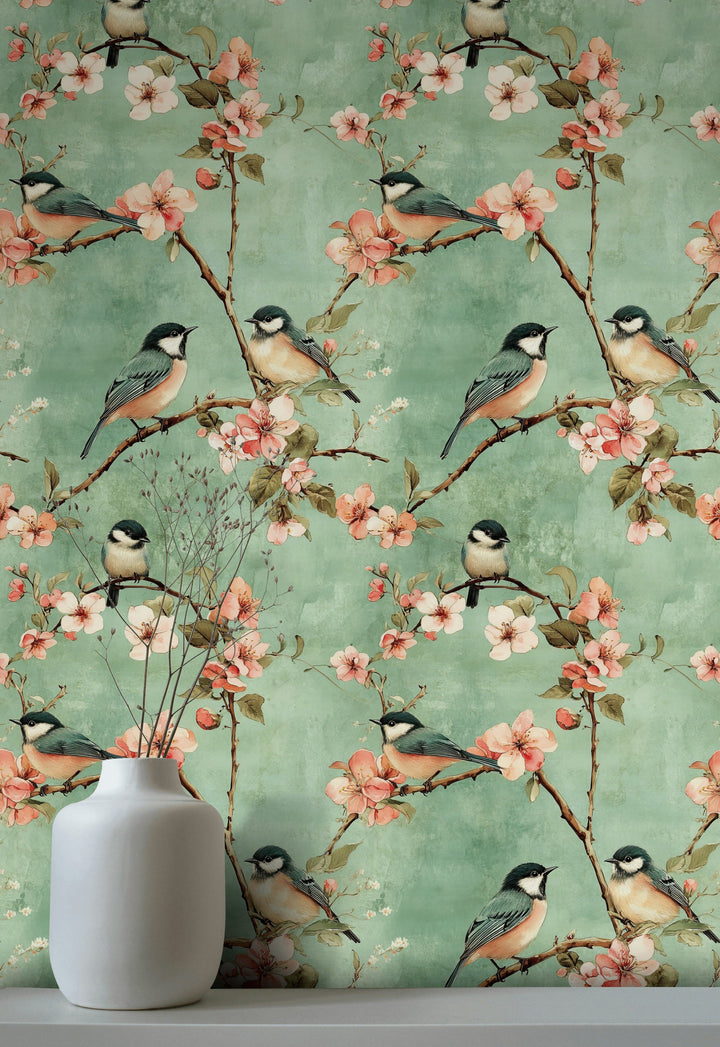 Mint Green Cherry Blossom and Bird Wallpaper