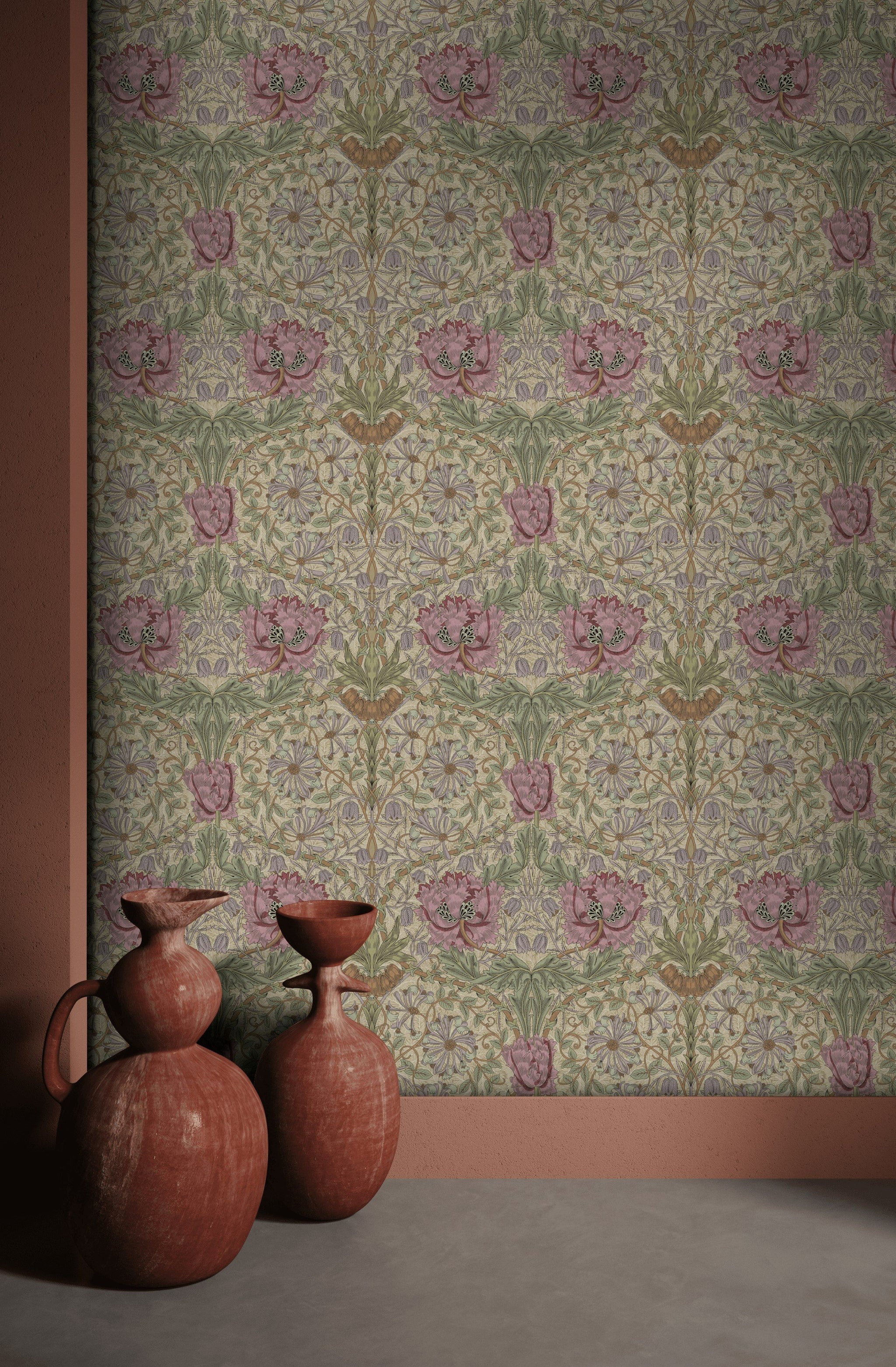 Vintage Floral Wallpaper Pink Poppies Botanical Pattern Wall Mural