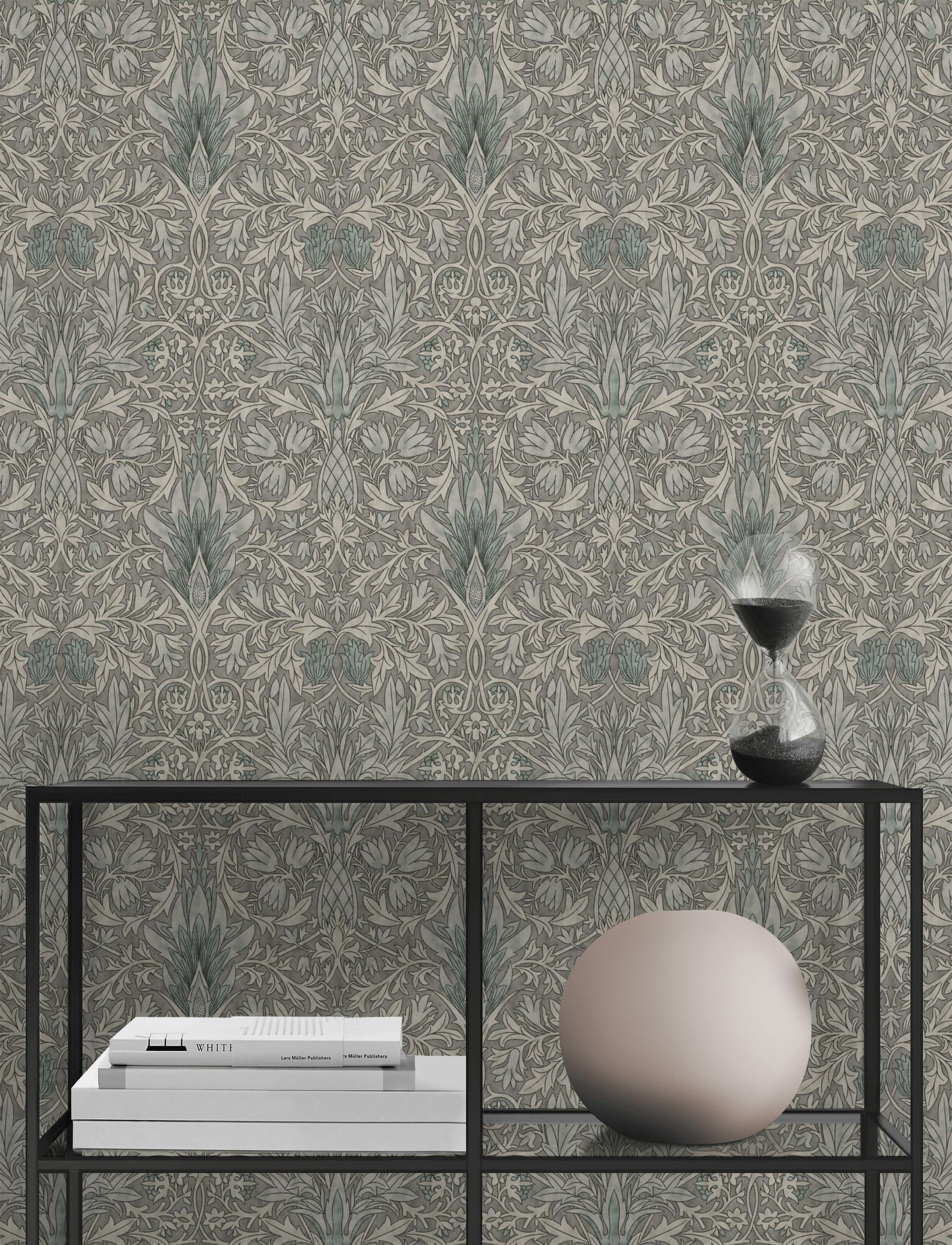 Damask Floral Wallpaper Gray Victorian Pattern Wall Mural