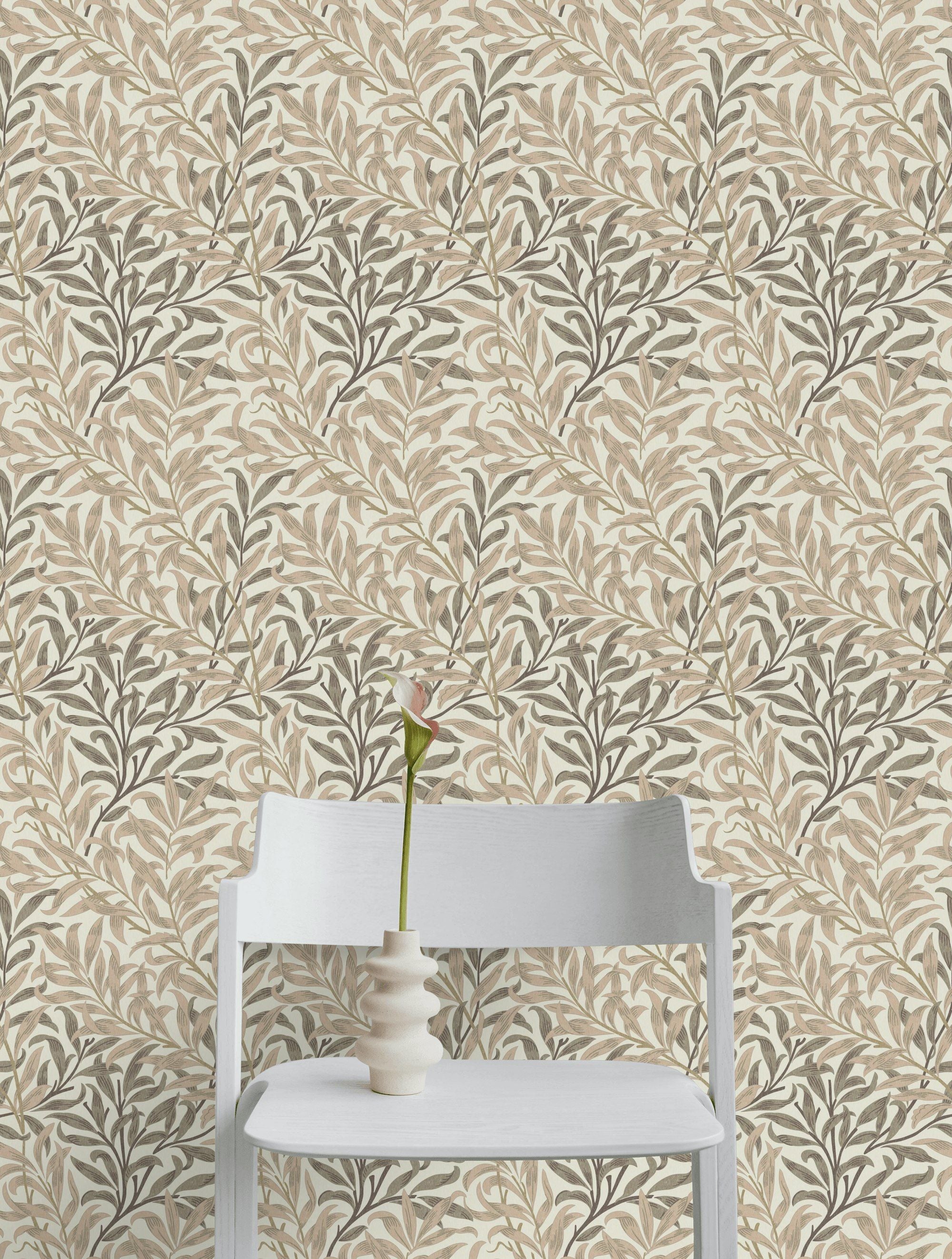 Botanical Leaf Wallpaper Beige Branch Pattern Wall Mural