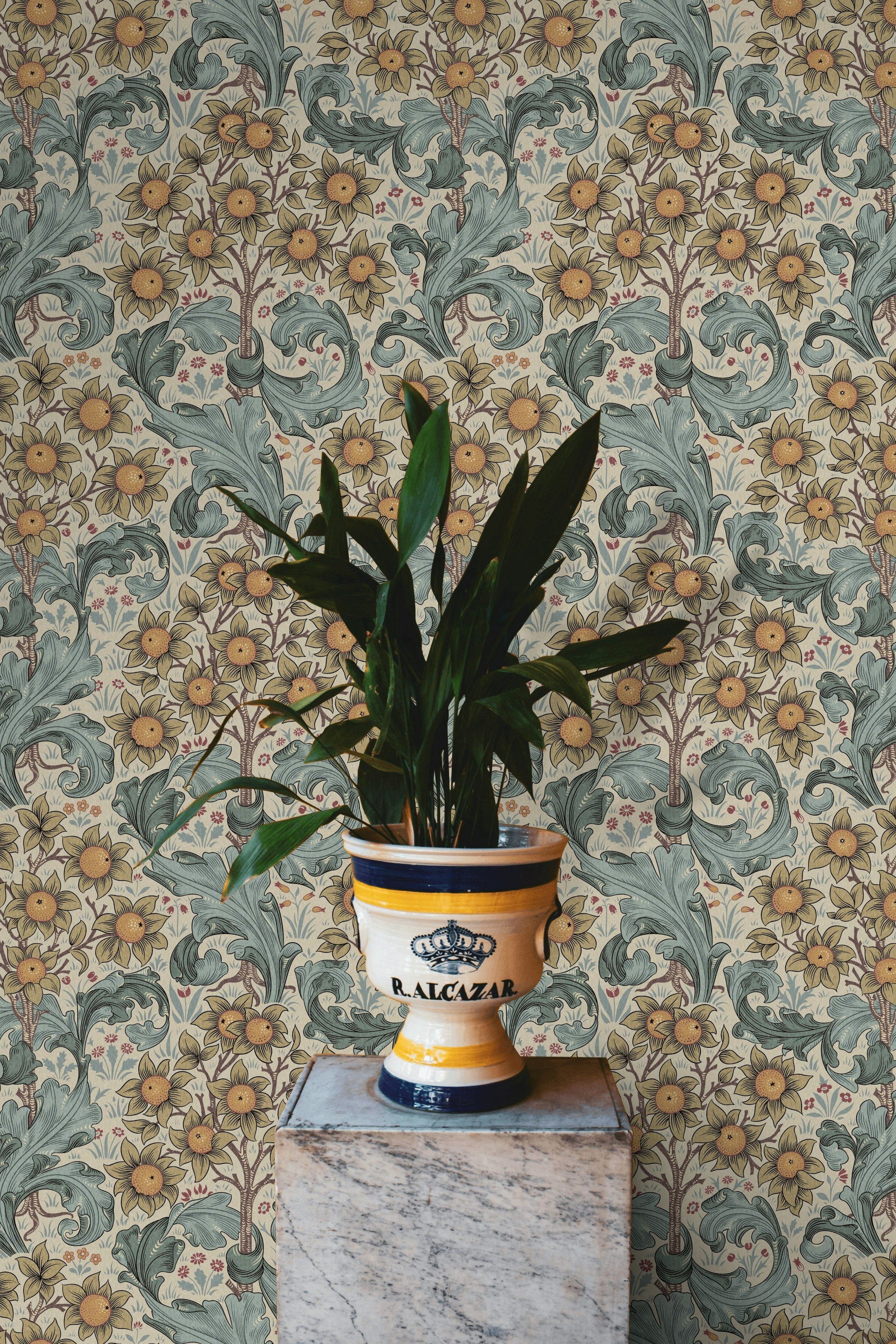 Vintage Floral Wallpaper Blue Acanthus Leaves Pattern Wall Mural