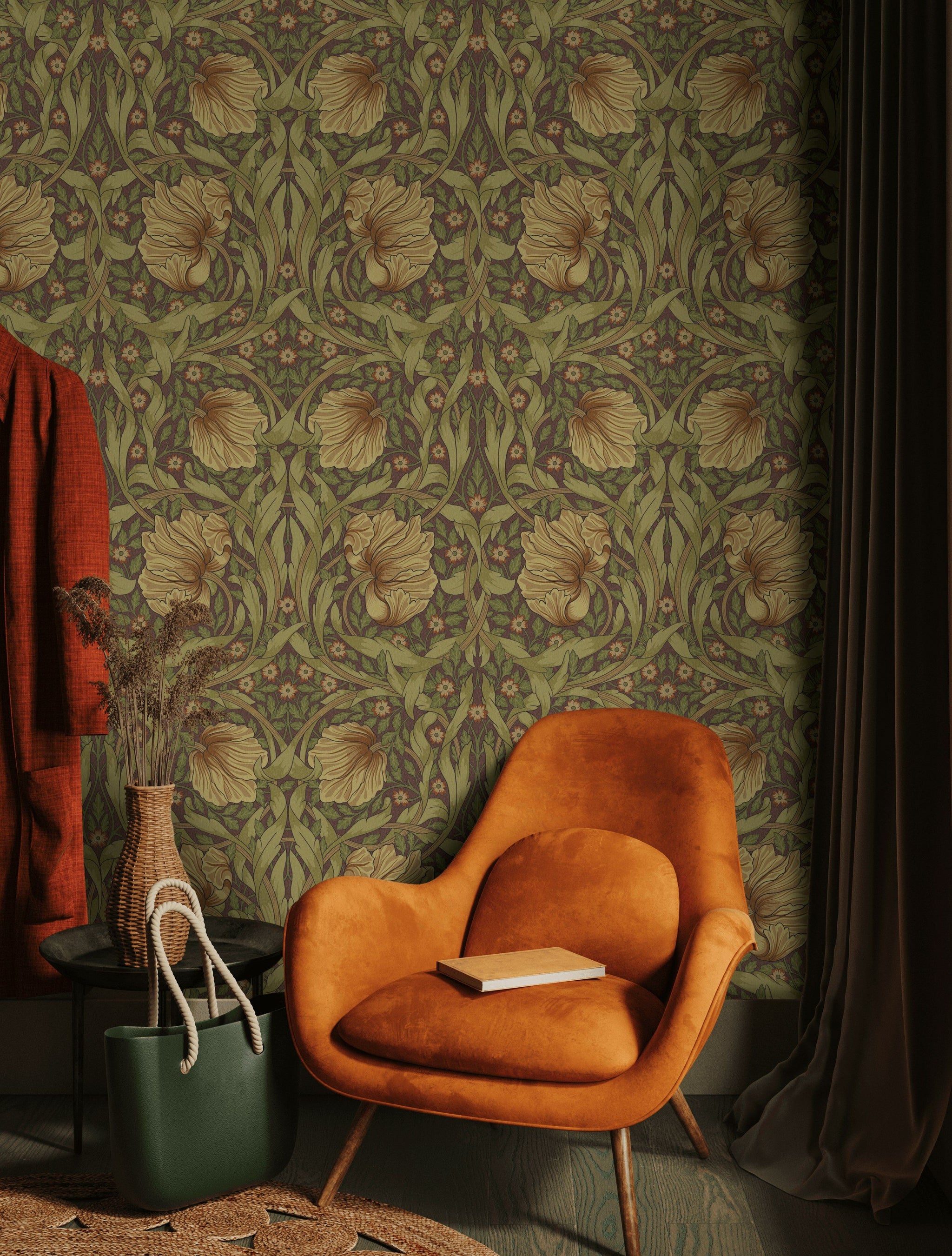 Vintage Floral Wallpaper Olive Green Art Nouveau Wall Mural