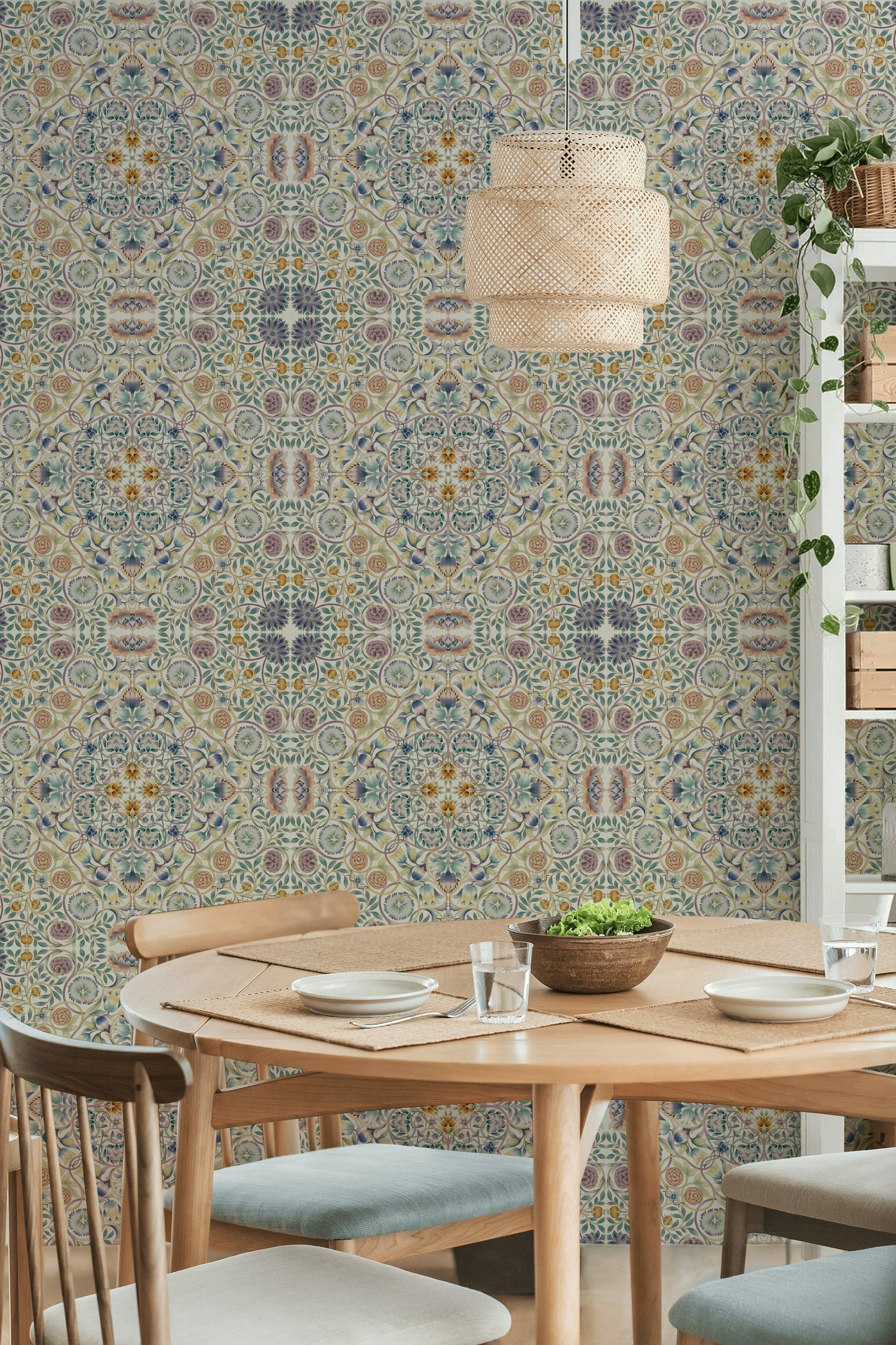 Ornate Floral Wallpaper Soft Blue Medallion Pattern Wall Mural