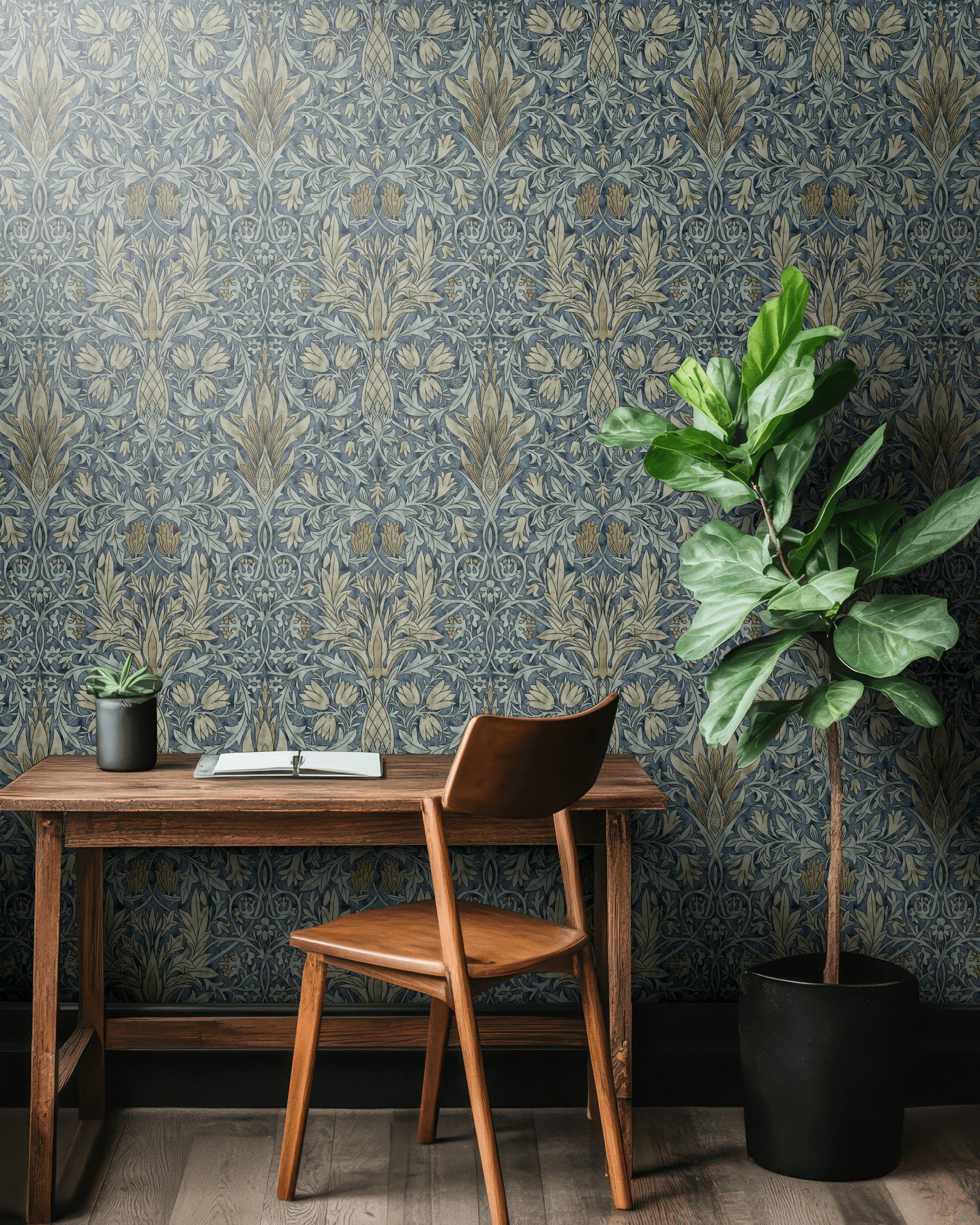 Vintage Damask Wallpaper Blue Botanical Pattern Wall Mural