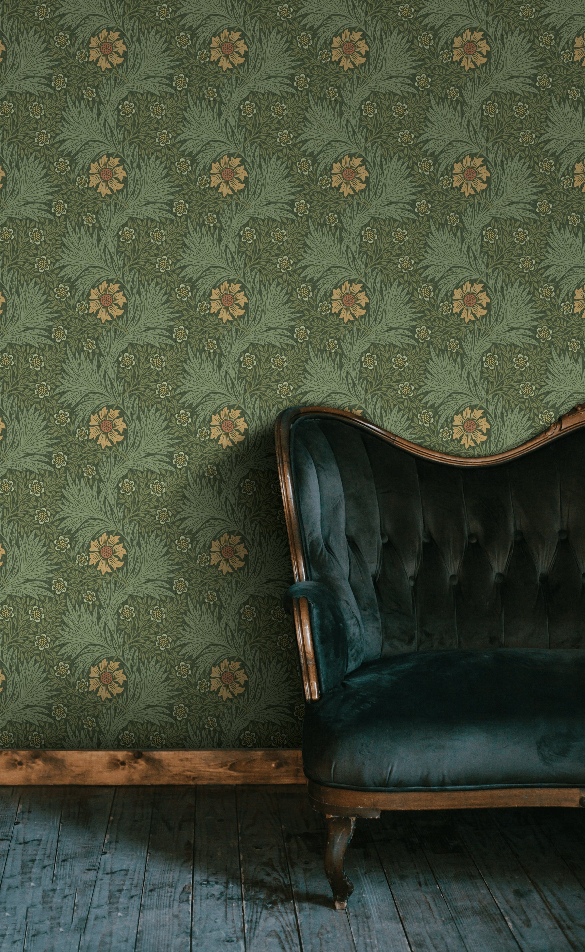 Vintage Floral Wallpaper Dark Green Botanical Pattern Wall Mural