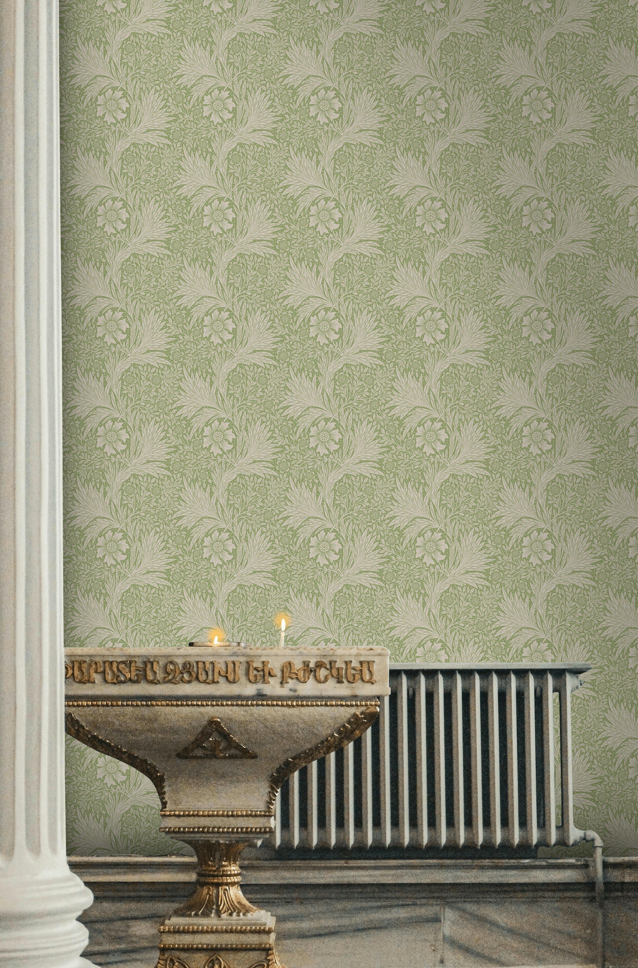 Botanical Floral Wallpaper Sage Green Linework Wall Mural