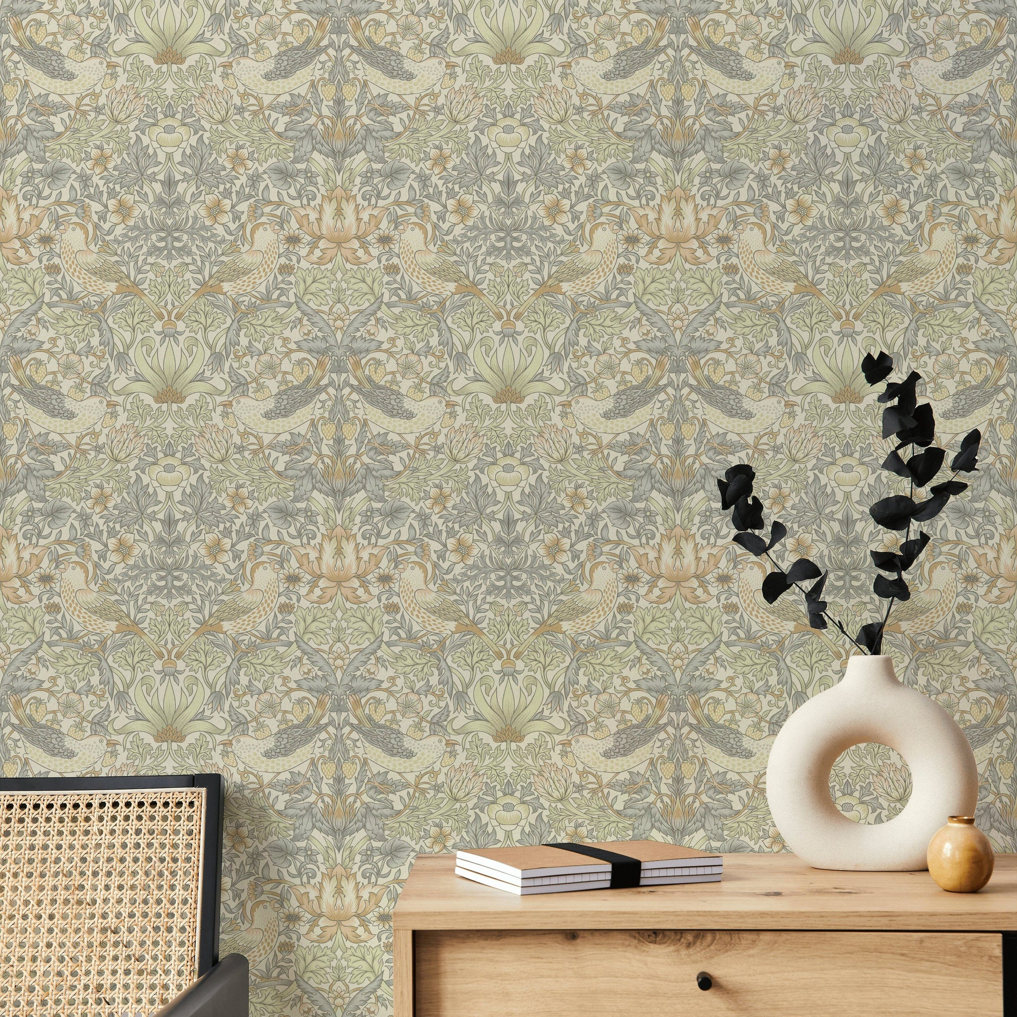 Vintage Bird Wallpaper Sage Botanical Pattern Wall Mural