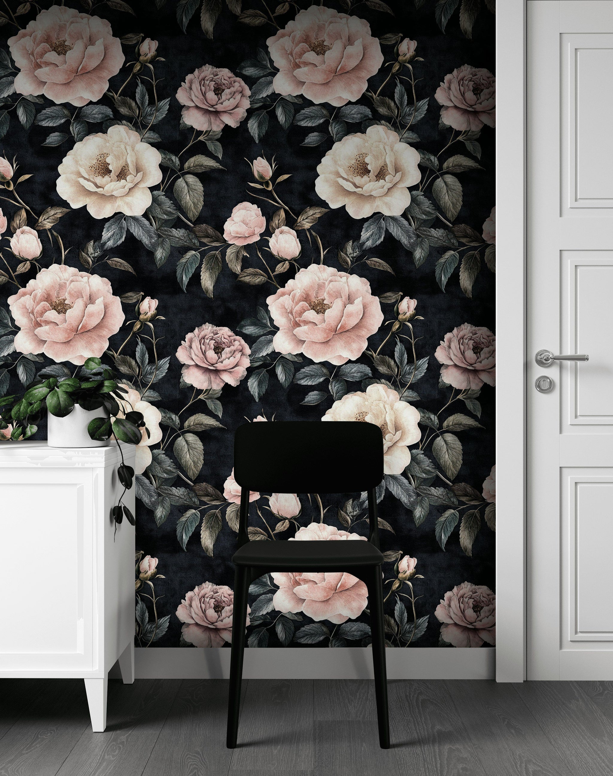 Dusky Black Vintage Rose Floral Wallpaper