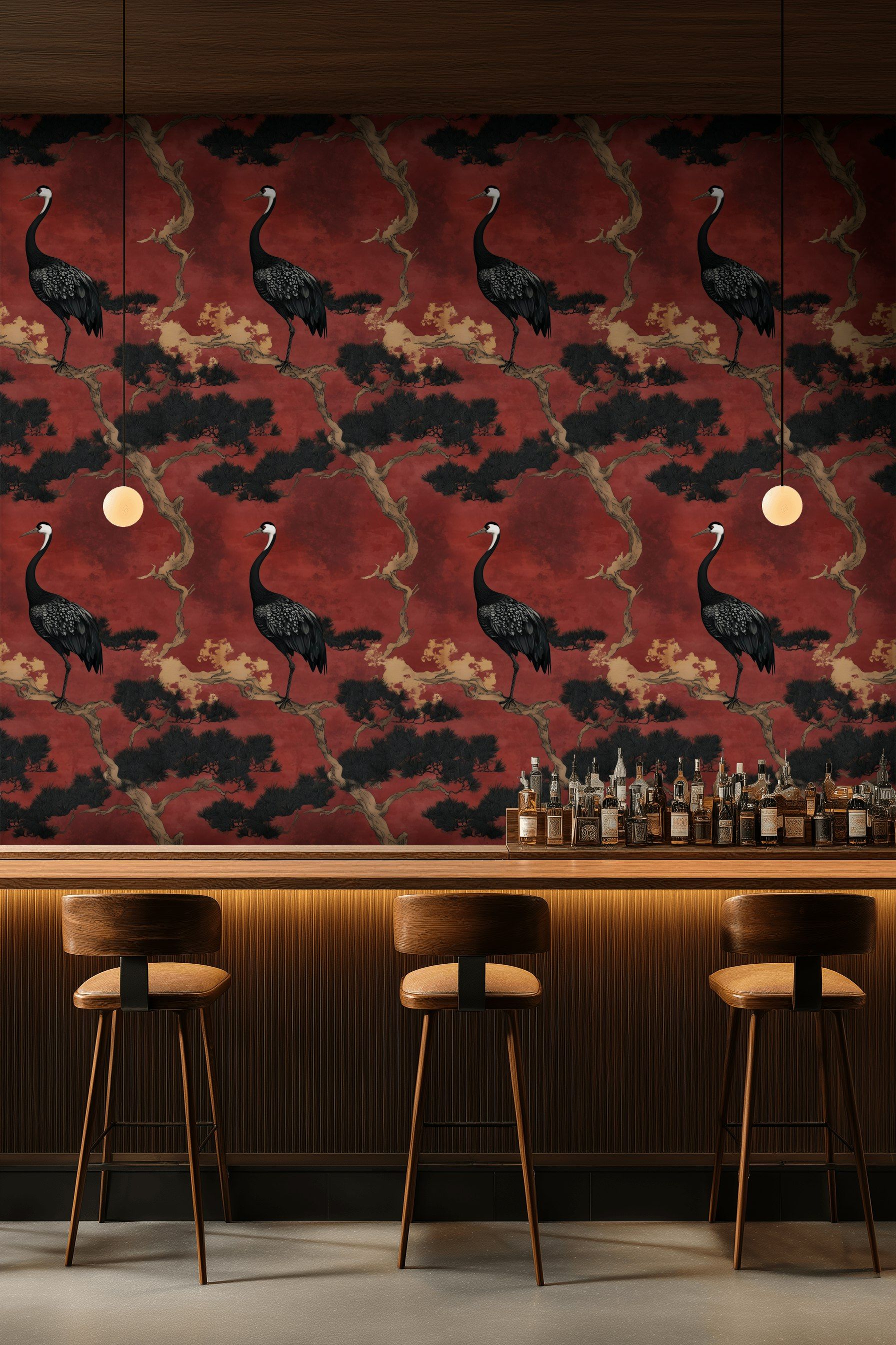 Rich Red Crane and Tree Art Wallpaper